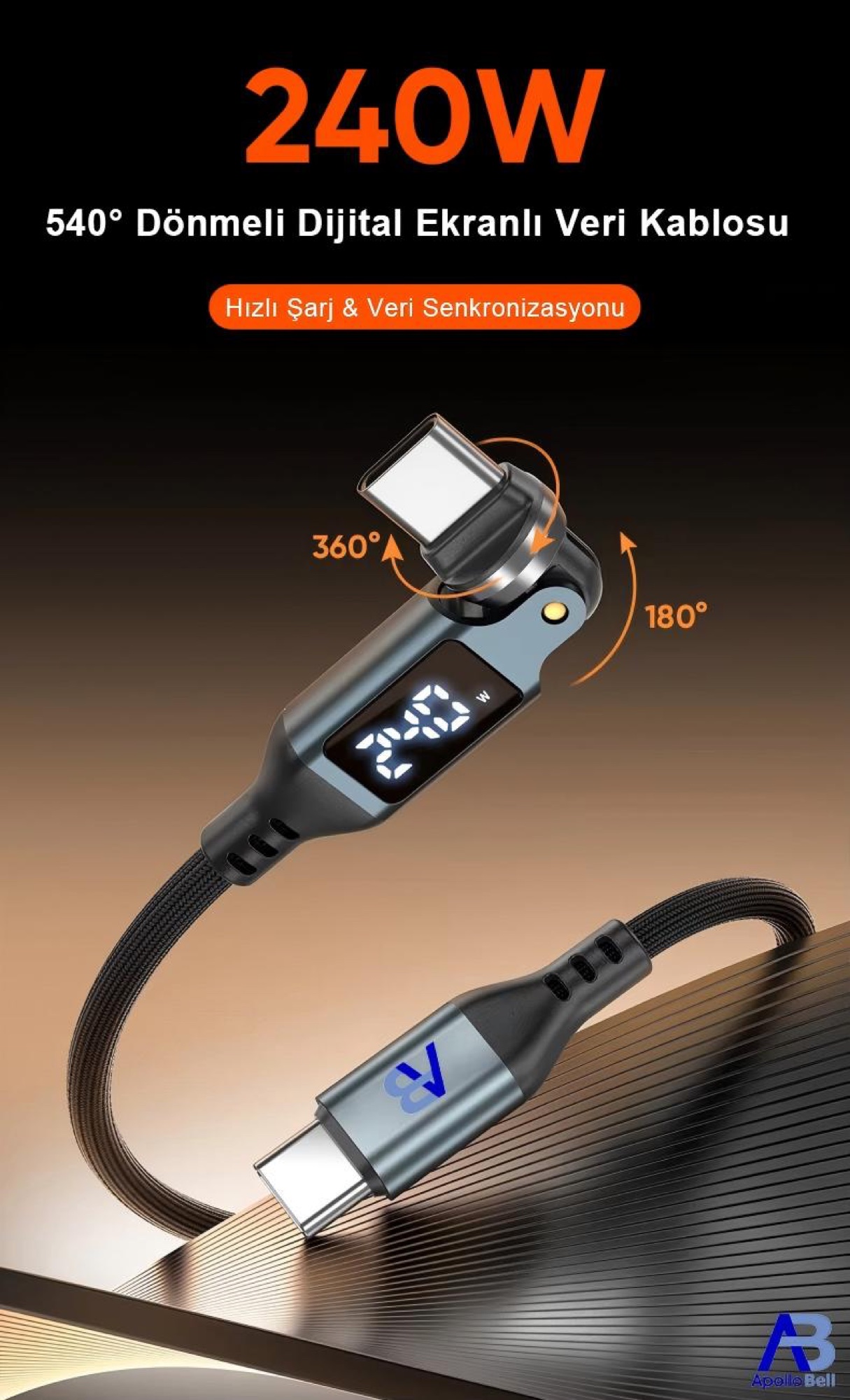240W Dijital Ekranlı 540° Dönebilen USB-C Kablo, 50cm Siyah - 4