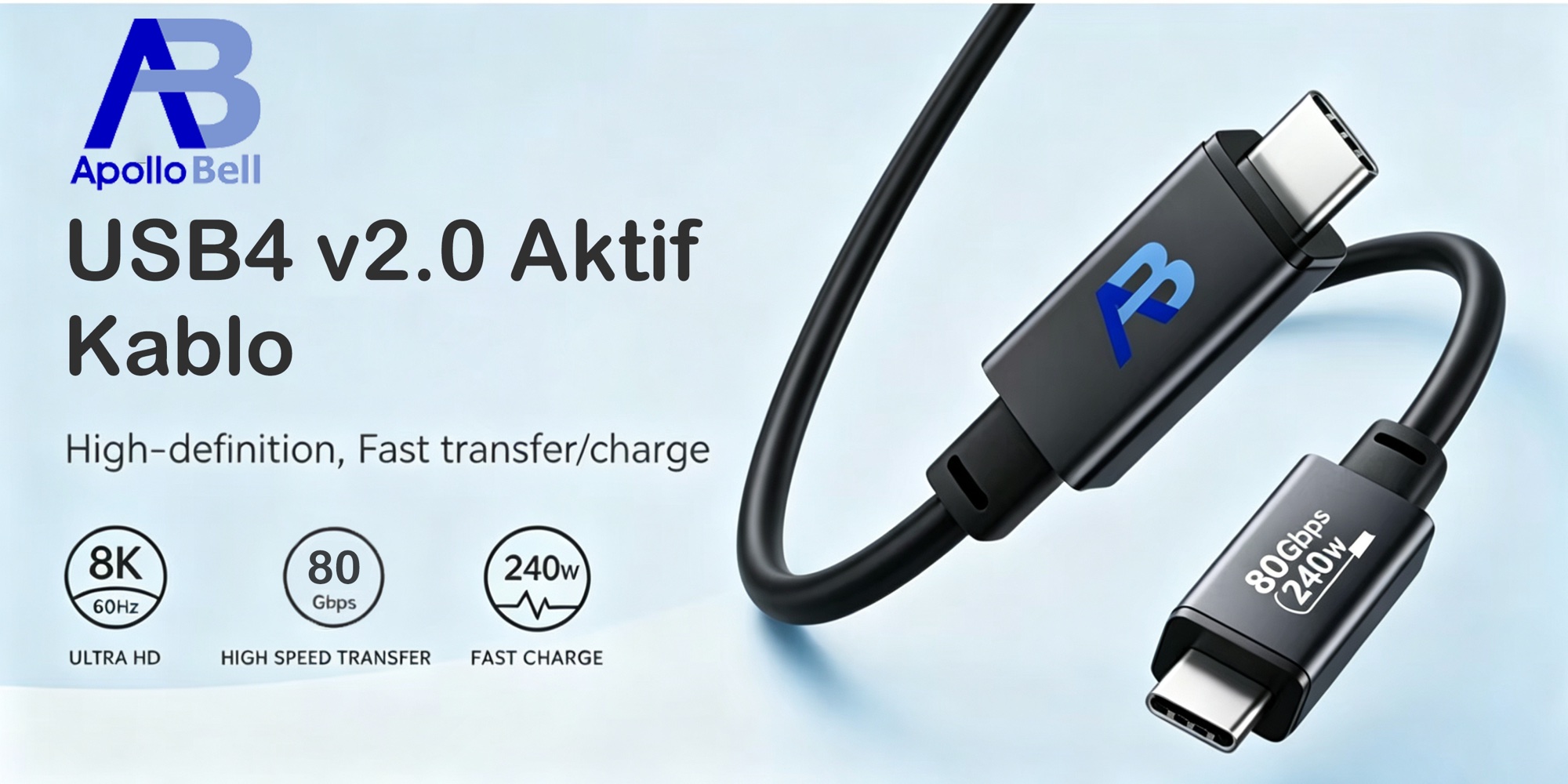 USB4 V2.0 Aktif Kablo 240W / 80Gbps USB-C, 0,5m Siyah - 2