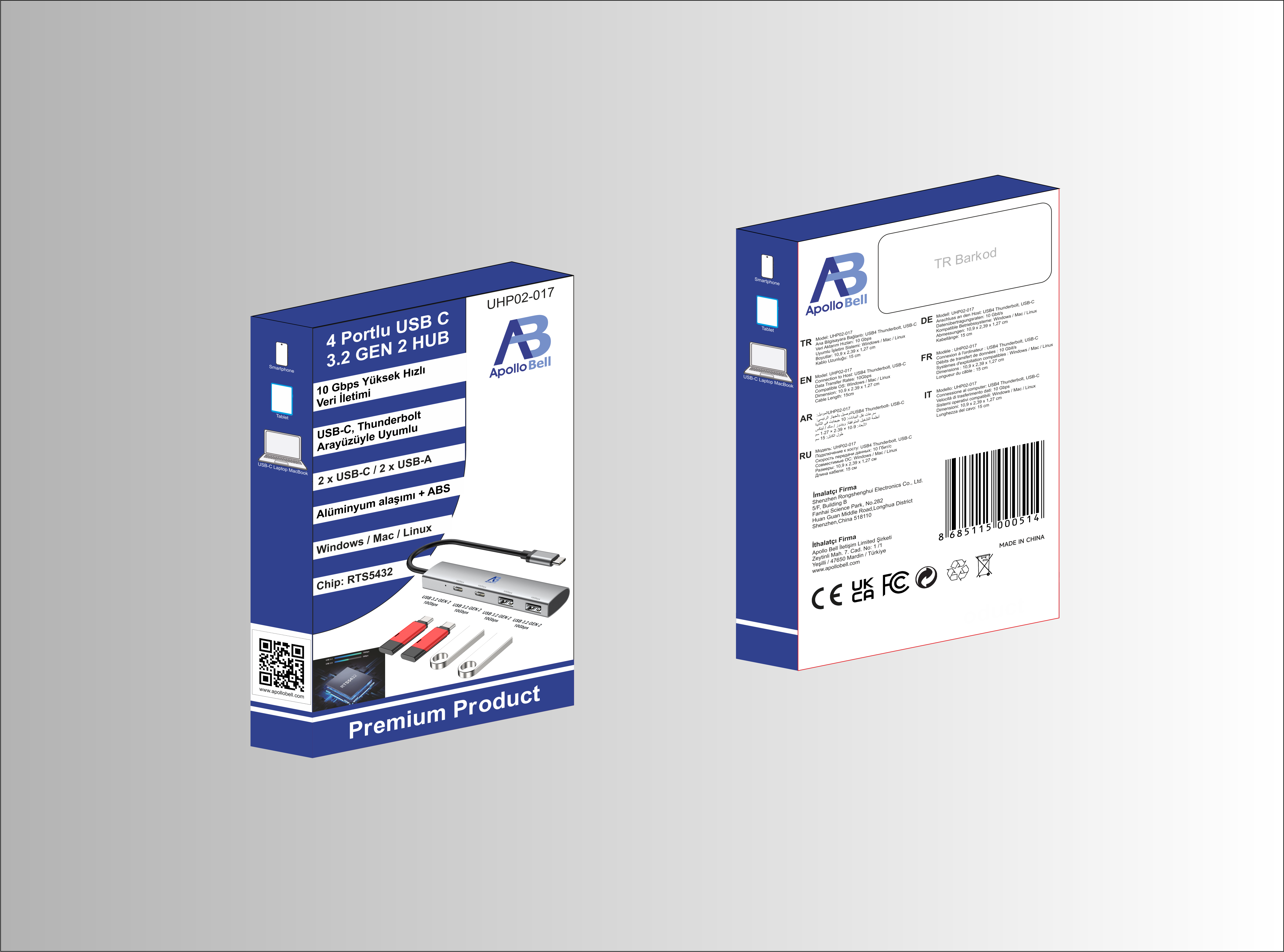 UHP02-017 ApolloBell 4 Portlu USB C 3.2 Gen 2 Hub