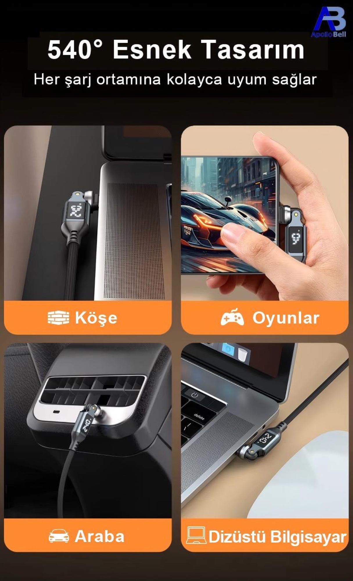 240W Dijital Ekranlı 540° Dönebilen USB-C Kablo, 50cm Siyah - 5