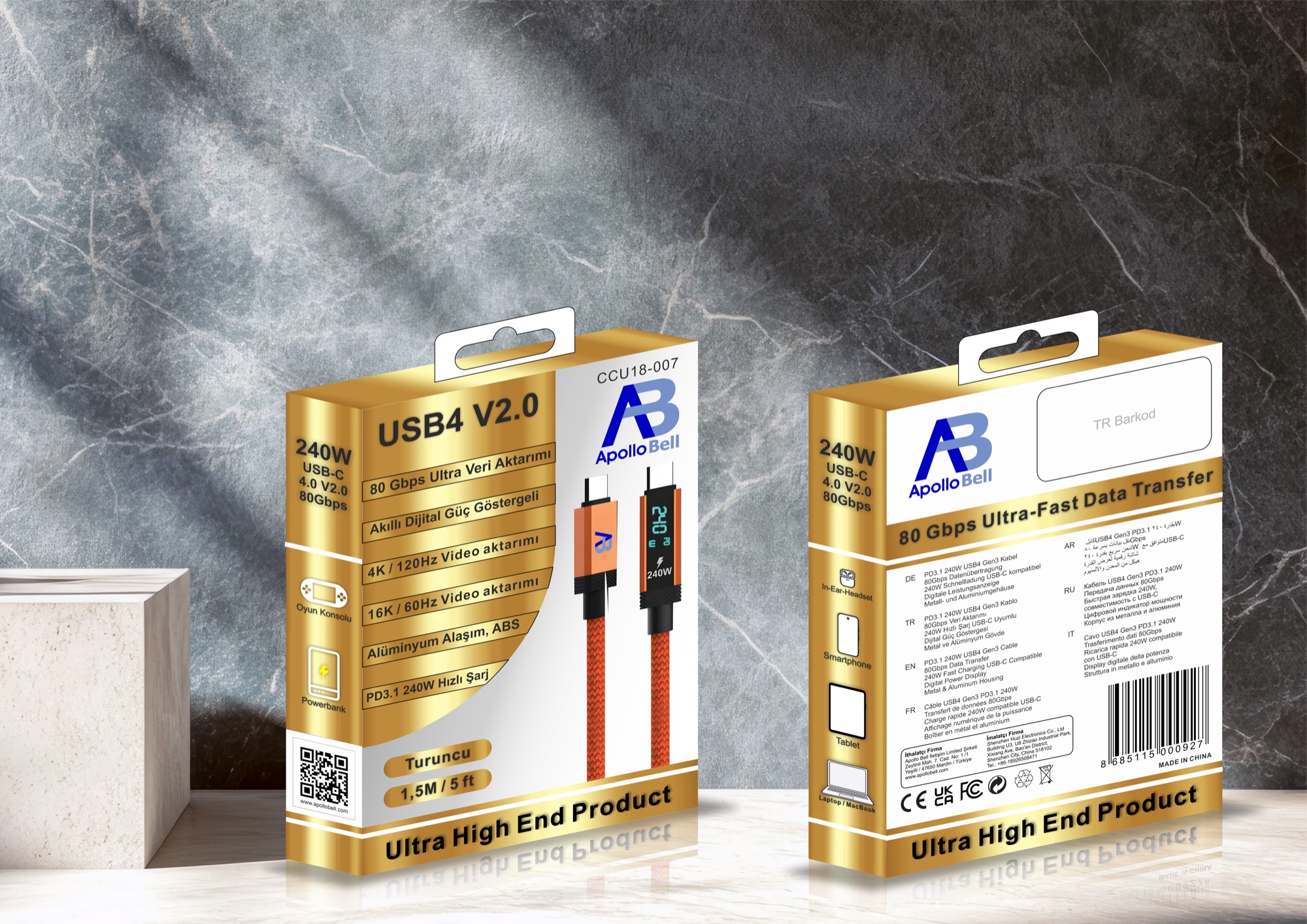 USB4 V2.0 Kablo 240W / 80Gbps Akıllı Dijital Güç Göstergeli Örgülü USB-C, 1,5m Turuncu