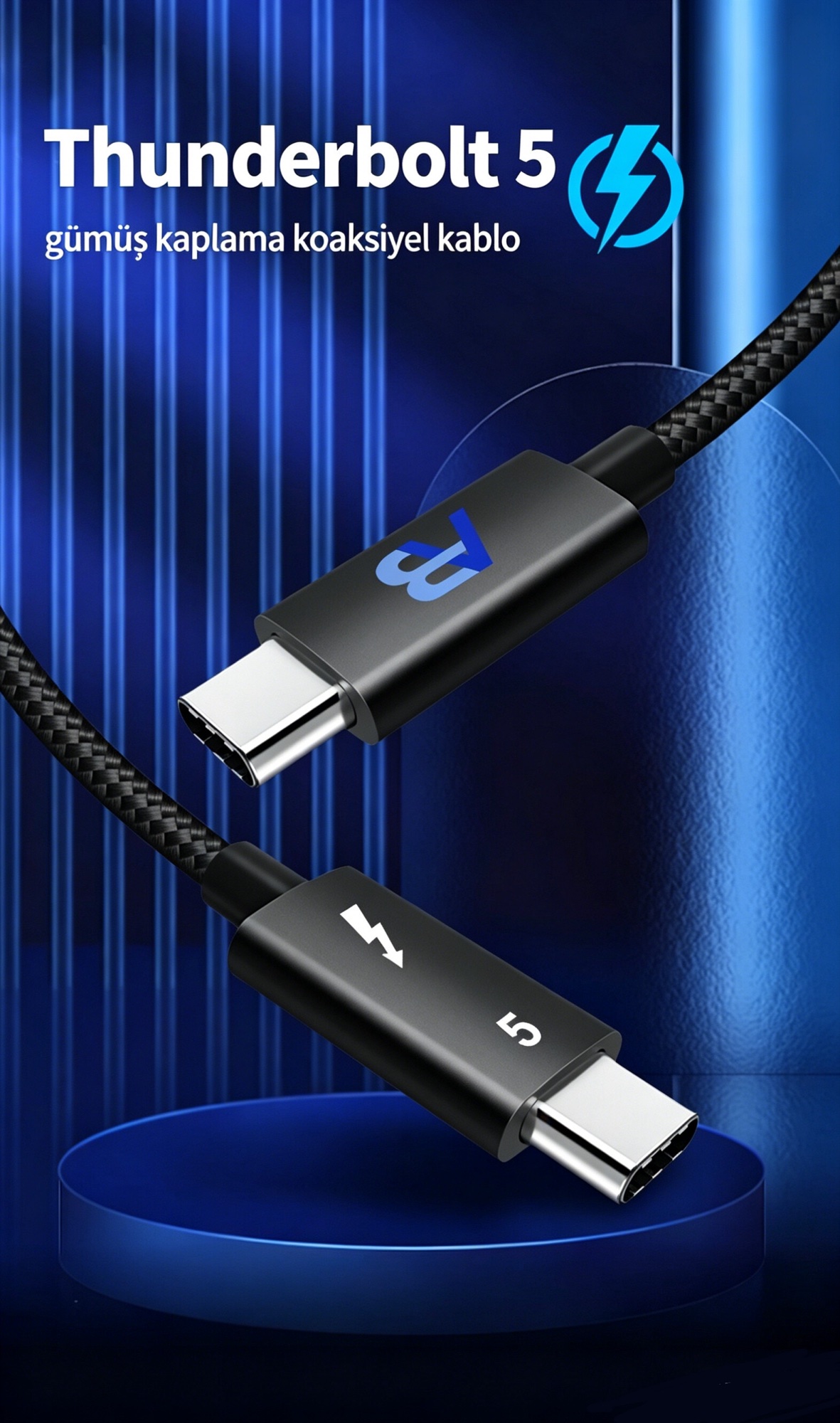 Thunderbolt 5 Kablo 240W / 80Gbps Örgülü USB-C, 150cm Siyah - 7
