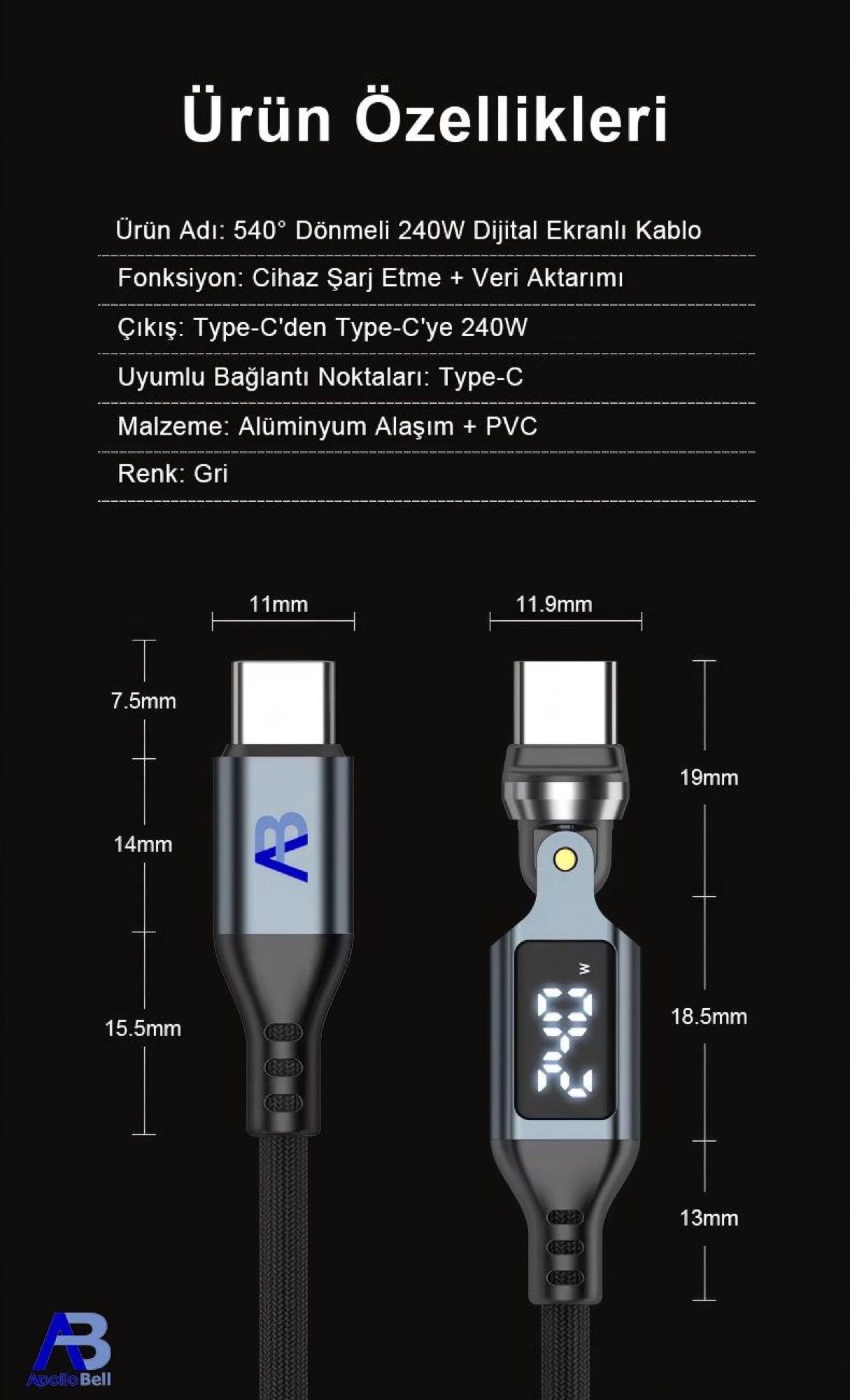 240W Dijital Ekranlı 540° Dönebilen USB-C Kablo, 100cm Siyah - 6
