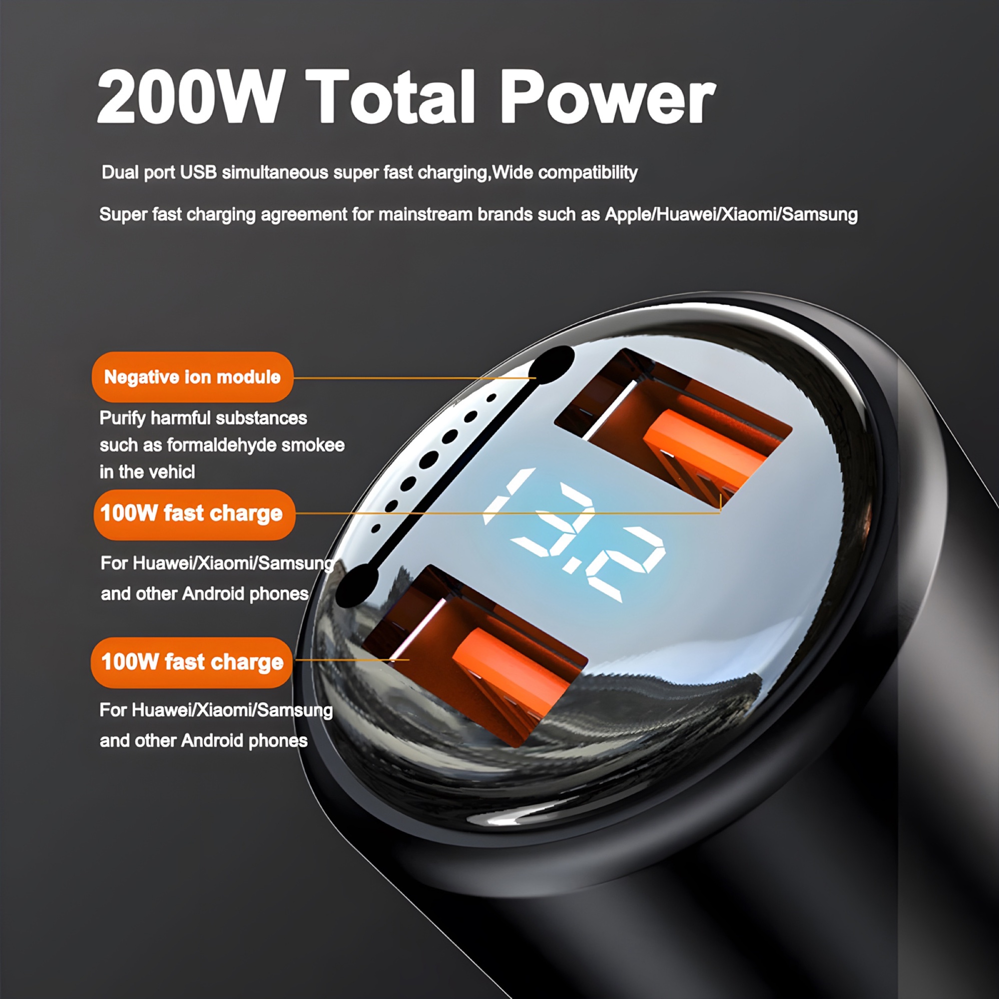200W Çift USB Araç Şarj Cihazı, Dijital Ekran + 3'ü 1 Arada Kablo (Lightning + Micro + USB-C), Siyah - 10