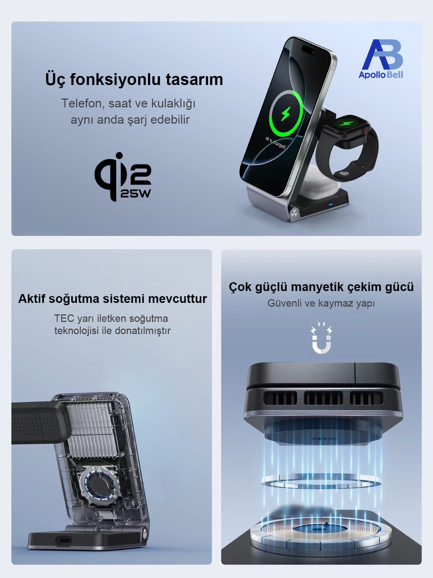 3'ü 1 Arada Katlanabilir Qi2.2 Manyetik Kablosuz Şarj Cihazı 25W, Aktif Soğutmalı, Gri - 2