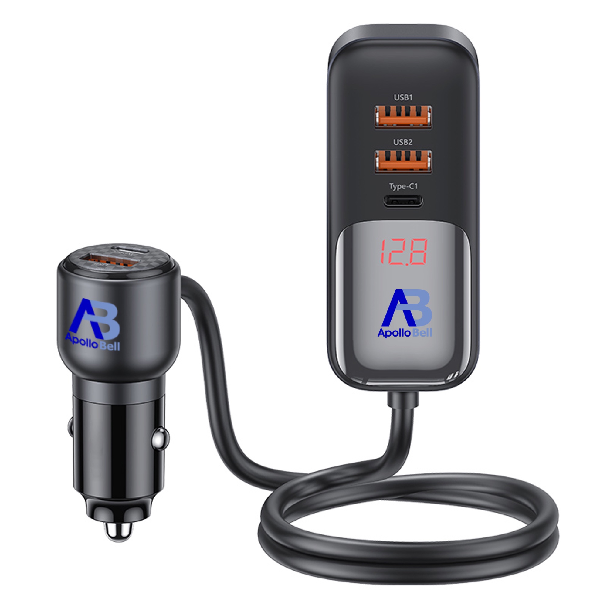 165W Dijital Ekranlı Araç Şarj Cihazı, 2 Type-C + 3 USB, 1,5m Uzatma Kablolu, Siyah