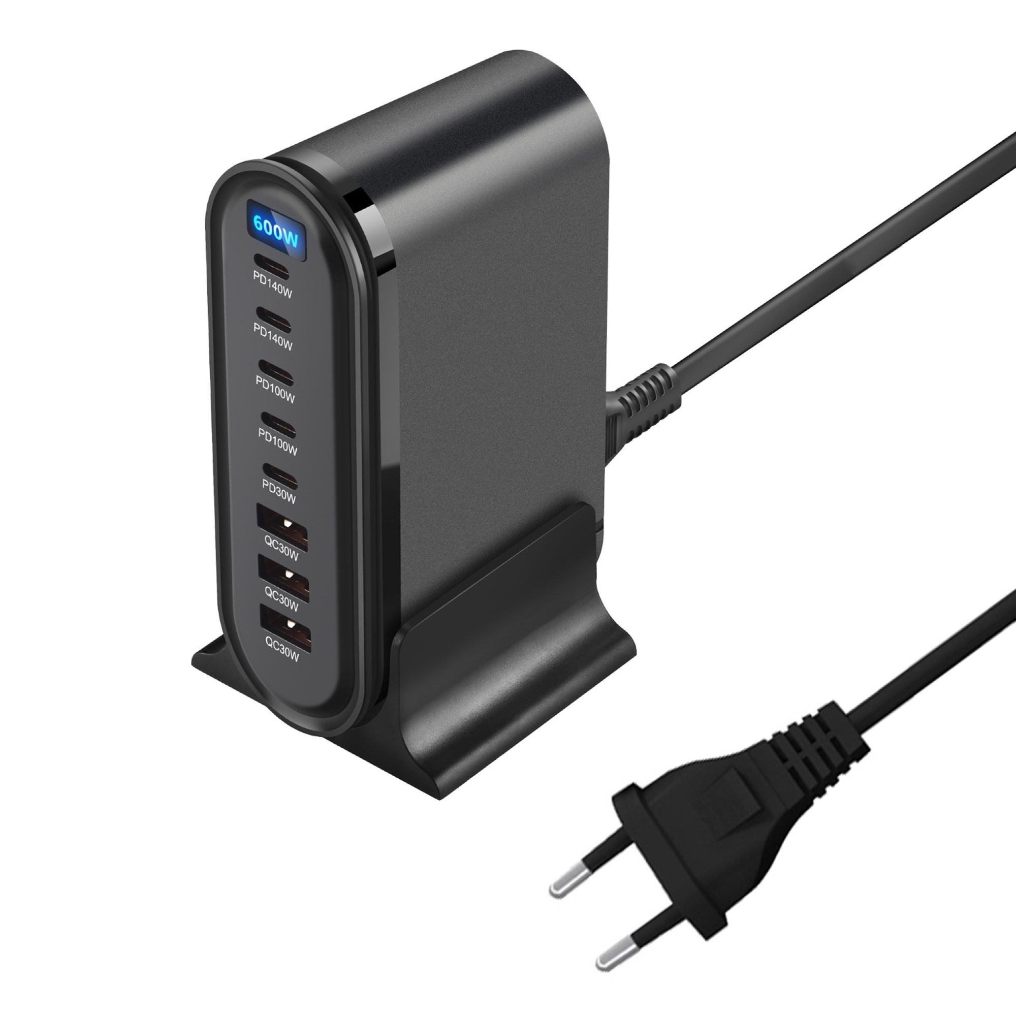 600W GaN Pro USB-C 8 Portlu Masaüstü Hızlı Şarj İstasyonu, LCD Ekranlı, Siyah