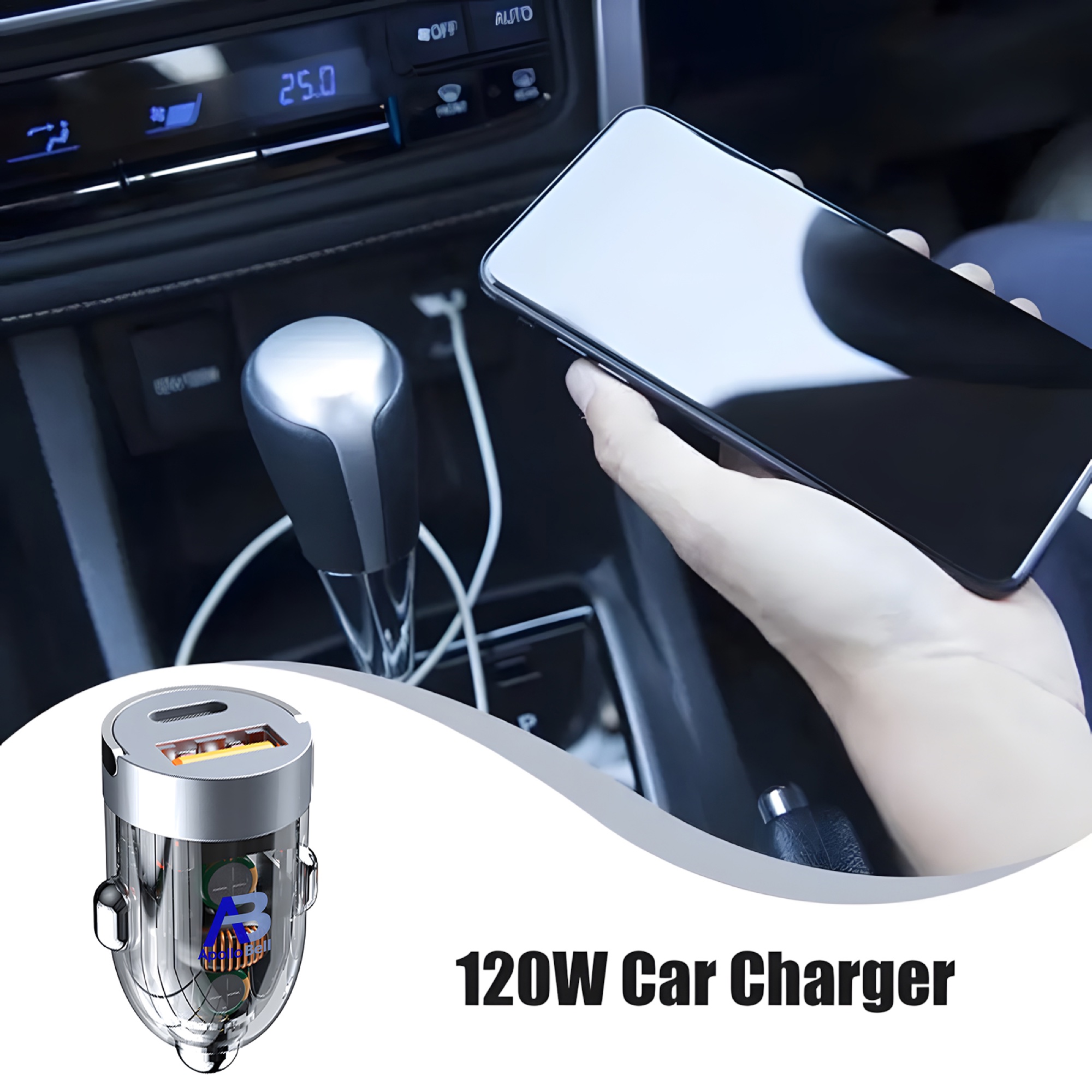 Type-C + USB 120W Şeffaf Mini Araç Şarj Cihazı, 12V-24V - 3