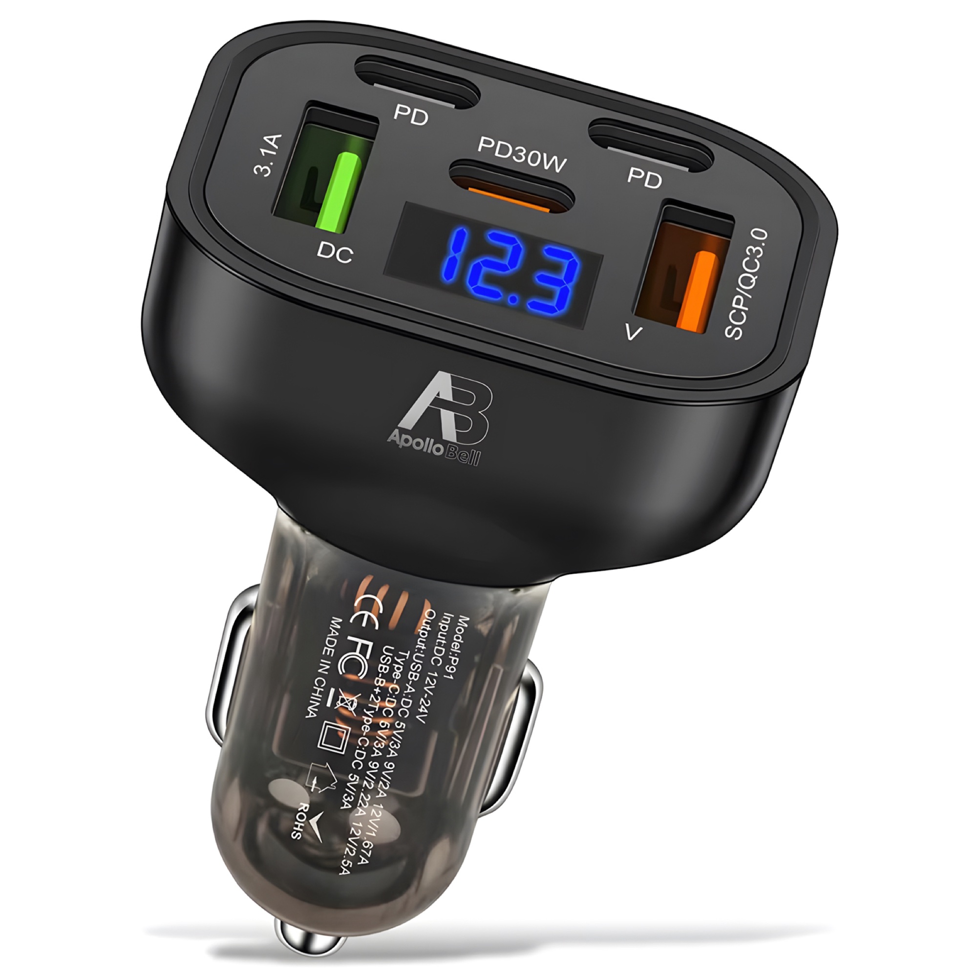 150W 5'i 1 Arada Araç Şarj Cihazı, 3x Type-C + 2x USB, Voltaj Göstergeli, Siyah