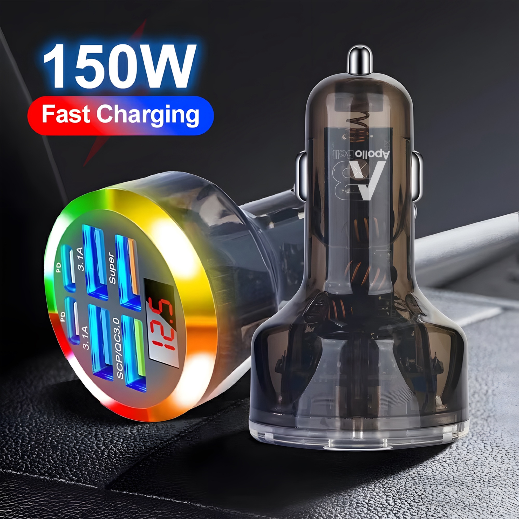 150W 6 Portlu Araç Şarj Cihazı, Voltaj Göstergeli QC3.0 + PD Hızlı Şarj, Siyah - 3