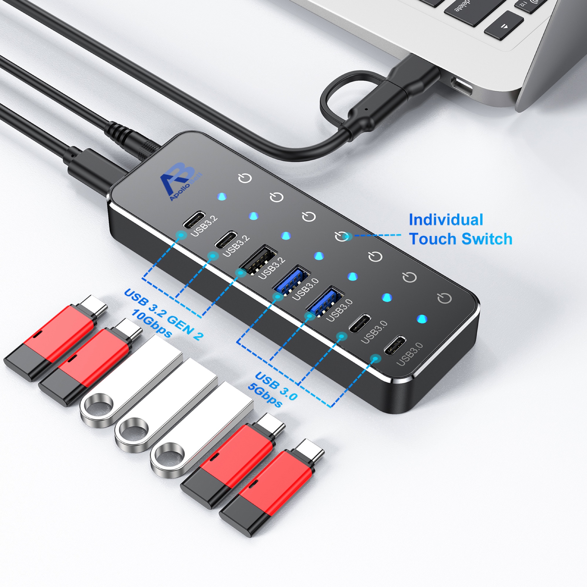 7 Portlu USB-C 3.2 Gen 2 Hub 10Gbps, Dokunmatik Bireysel Anahtarlı, Siyah - 2