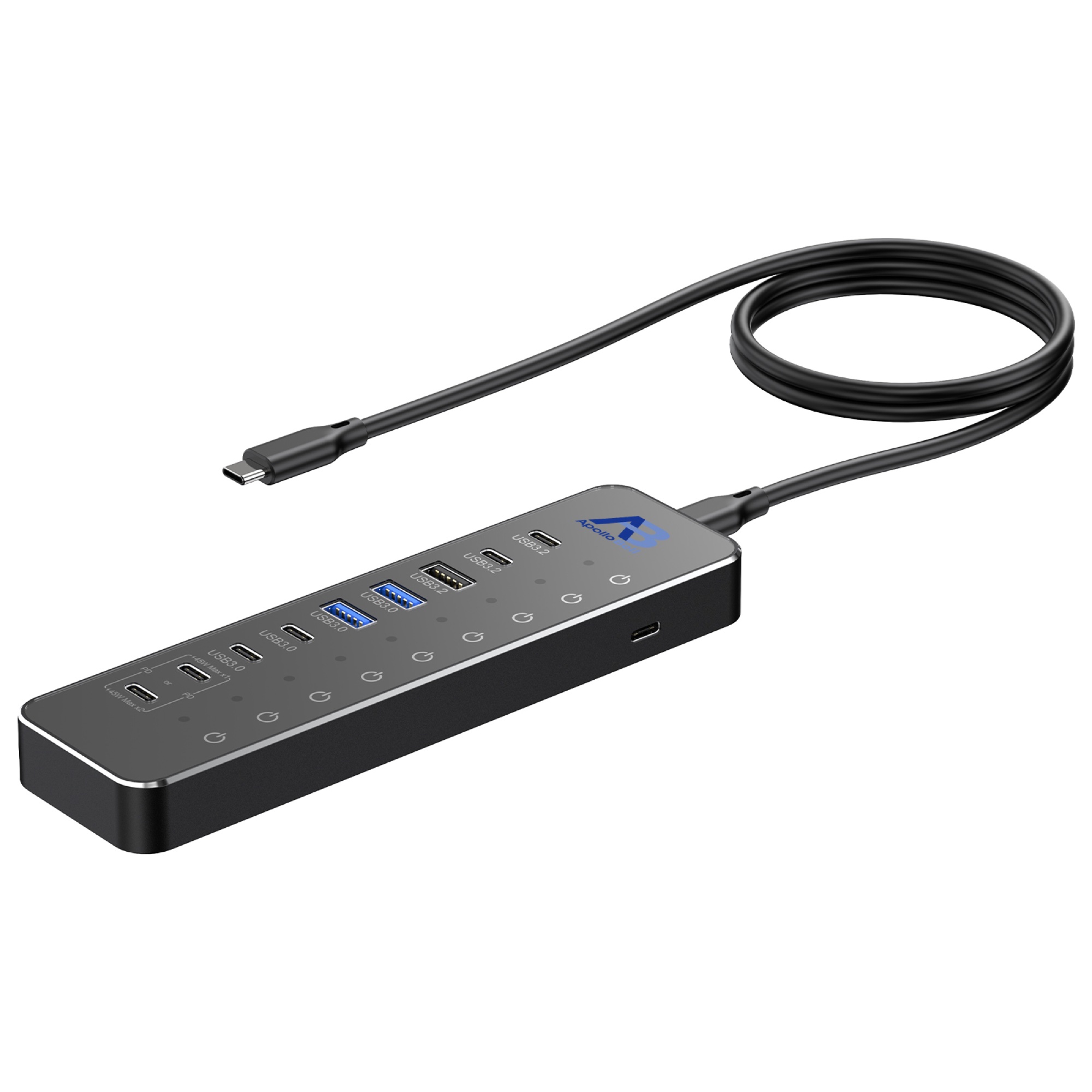 10 Portlu USB-C 3.2 Gen 2 Hub 10Gbps, 100W PD Şarj Portlu, Dokunmatik Anahtarlı, Siyah