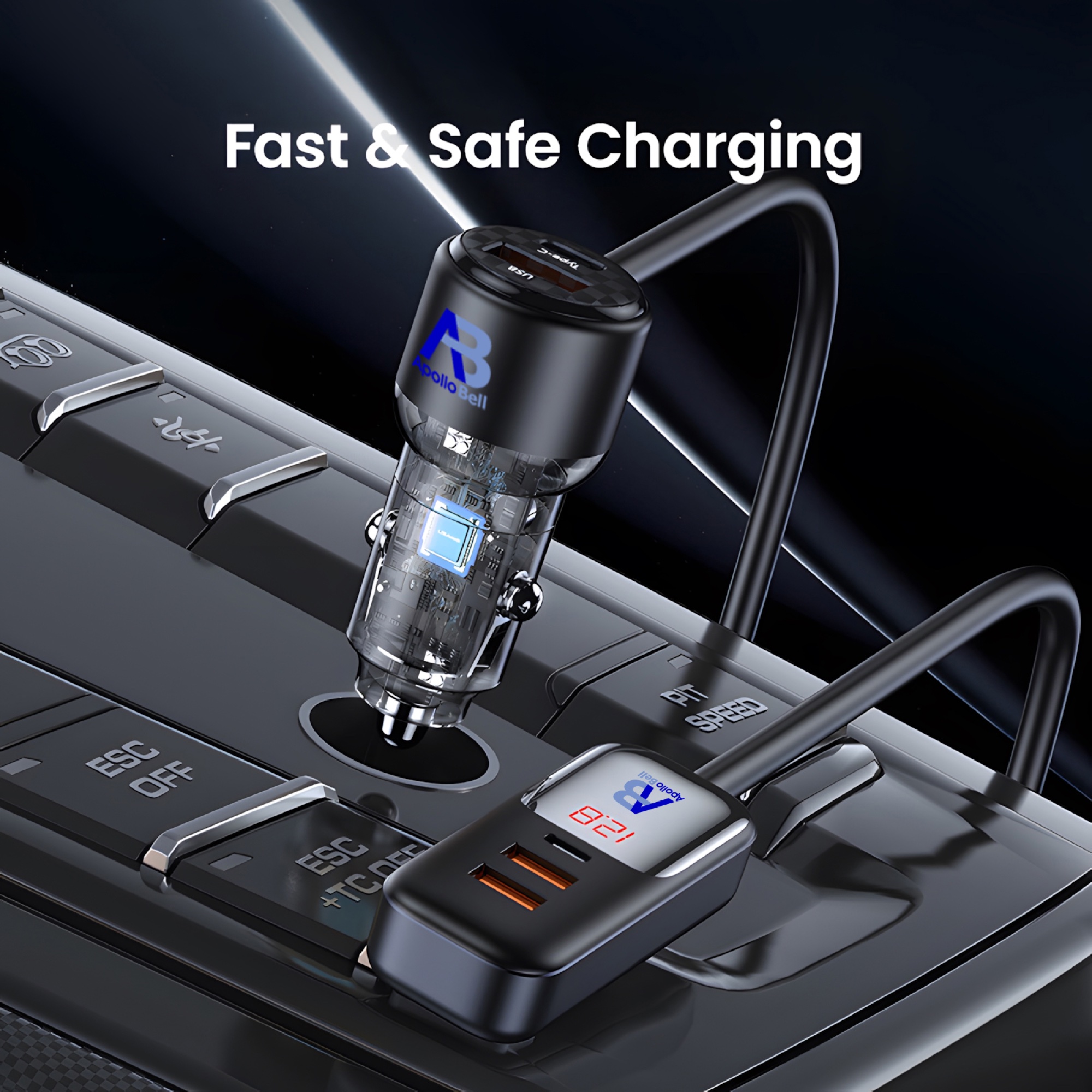 165W Dijital Ekranlı Araç Şarj Cihazı, 2 Type-C + 3 USB, 1,5m Uzatma Kablolu, Siyah - 7