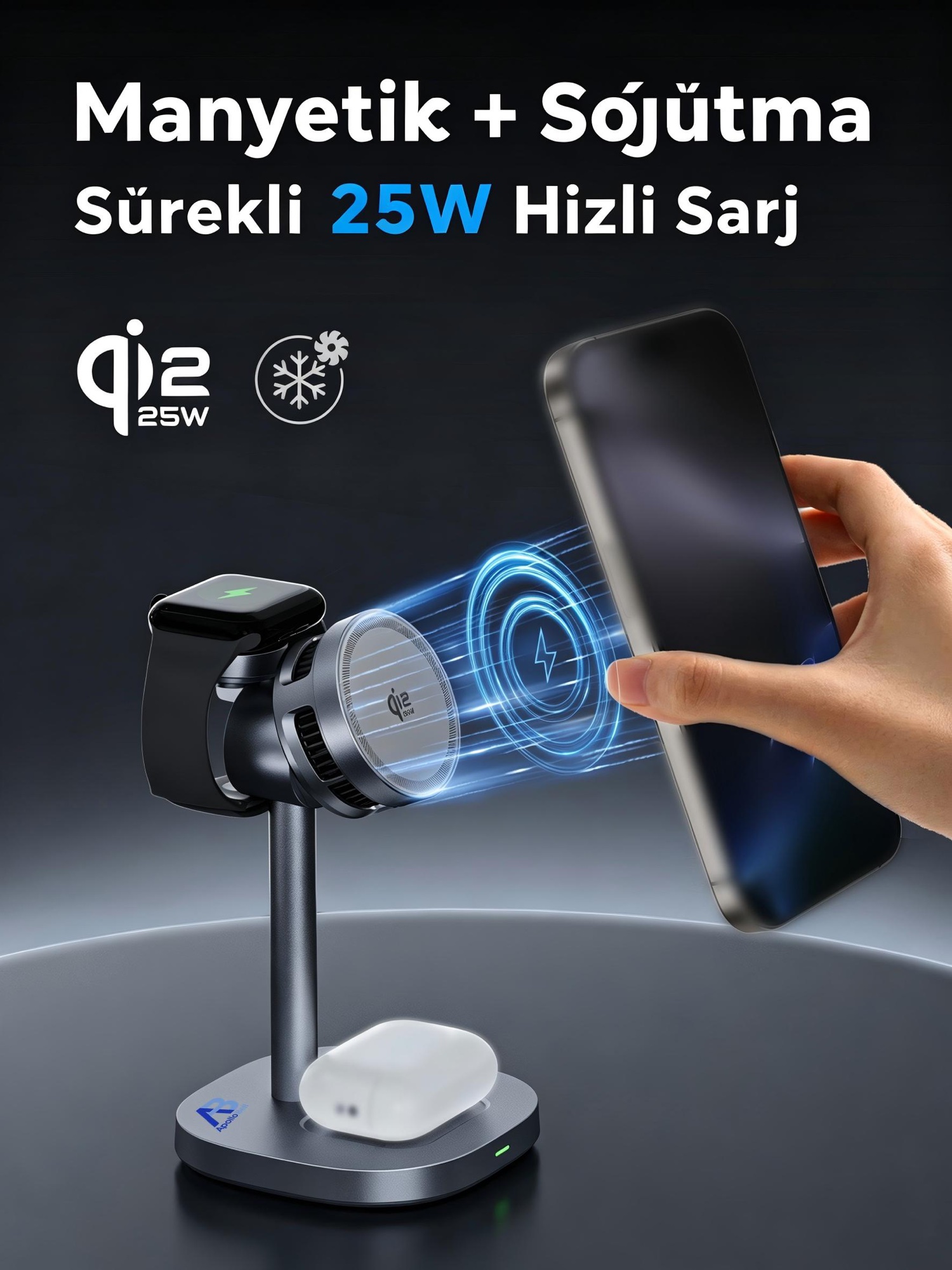 3'ü 1 Arada Qi2 Manyetik Kablosuz Şarj Standı 25W, Aktif Soğutmalı, Gri - 2