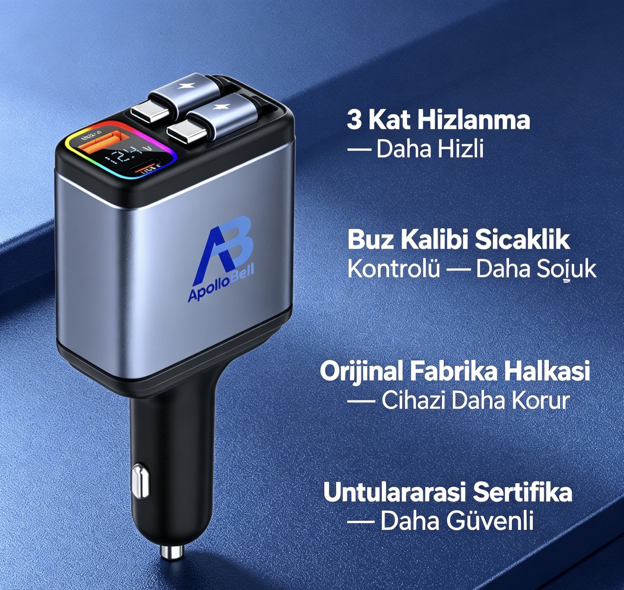 Geri Çekilebilir Çift Type-C Kablolu Araç Şarj Cihazı 120W, Akıllı LED Ekranlı, Gri