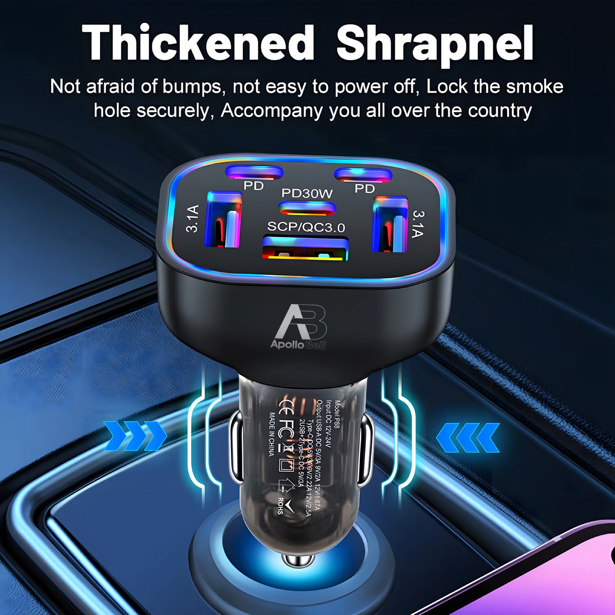 63W 6 Portlu Araç Şarj Cihazı 3x USB-A + 3x Type-C, Renkli LED Işıklı, Siyah - 5