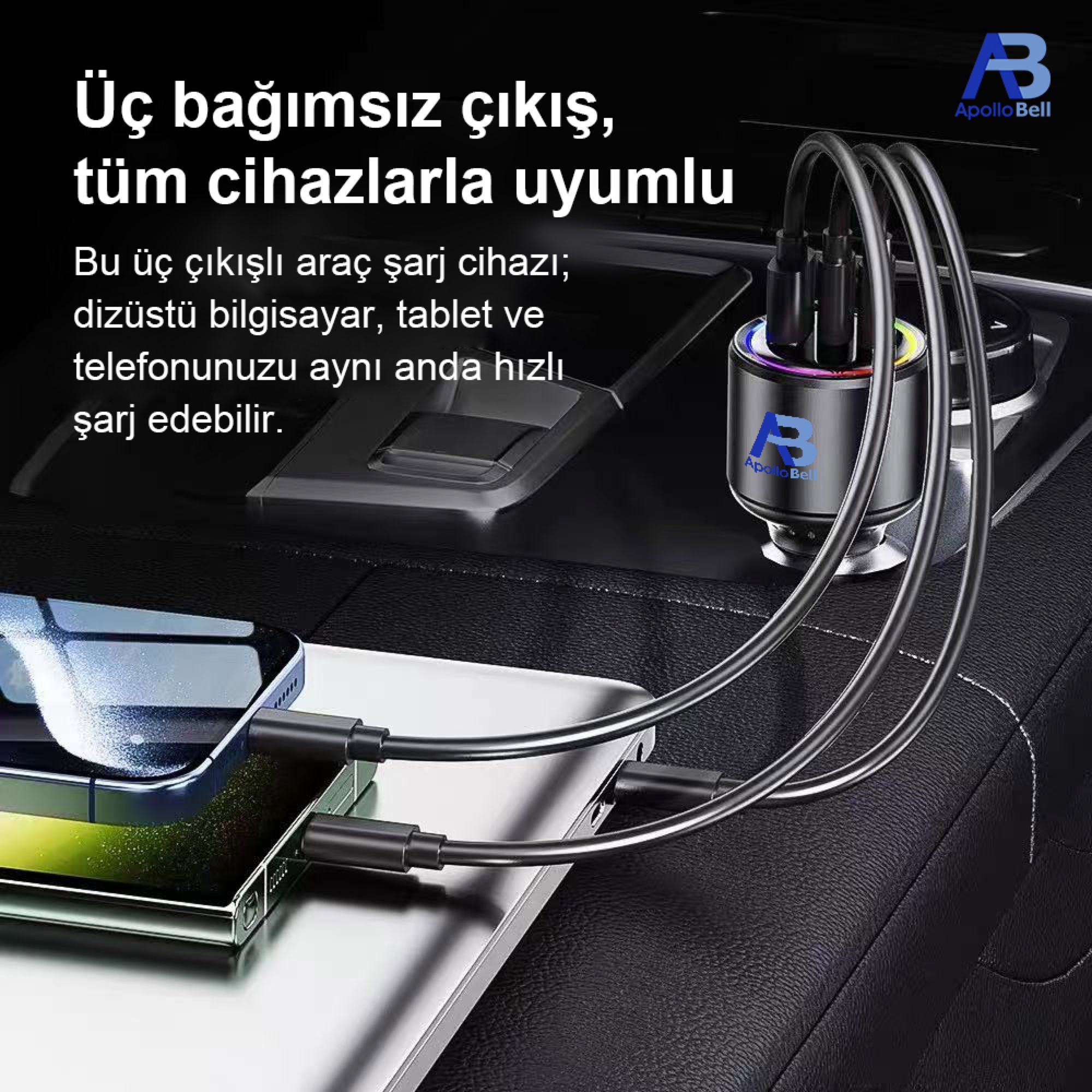 165W 3'ü 1 Arada Araç Şarj Cihazı, 2 Type-C + USB, RGB Işıklı Metal Gövde, Siyah - 3