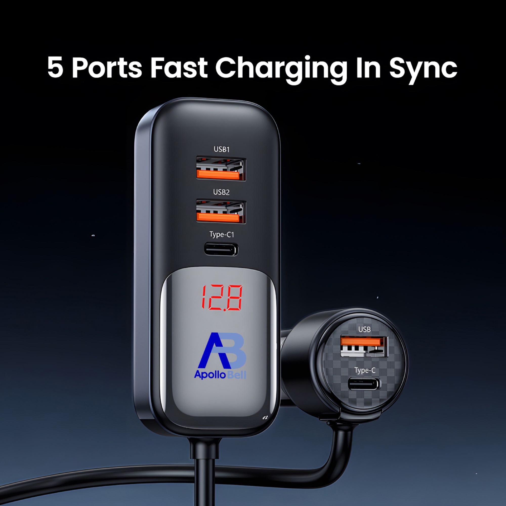 165W Dijital Ekranlı Araç Şarj Cihazı, 2 Type-C + 3 USB, 1,5m Uzatma Kablolu, Siyah - 5