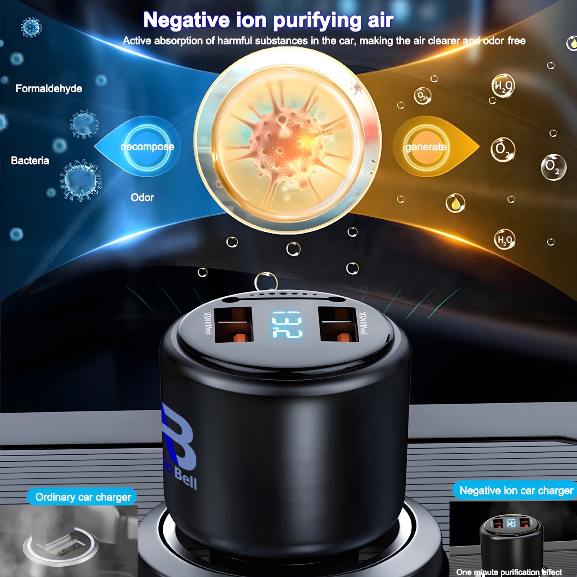 200W Çift USB Araç Şarj Cihazı, Dijital Ekran + 3'ü 1 Arada Kablo (Lightning + Micro + USB-C), Siyah - 8
