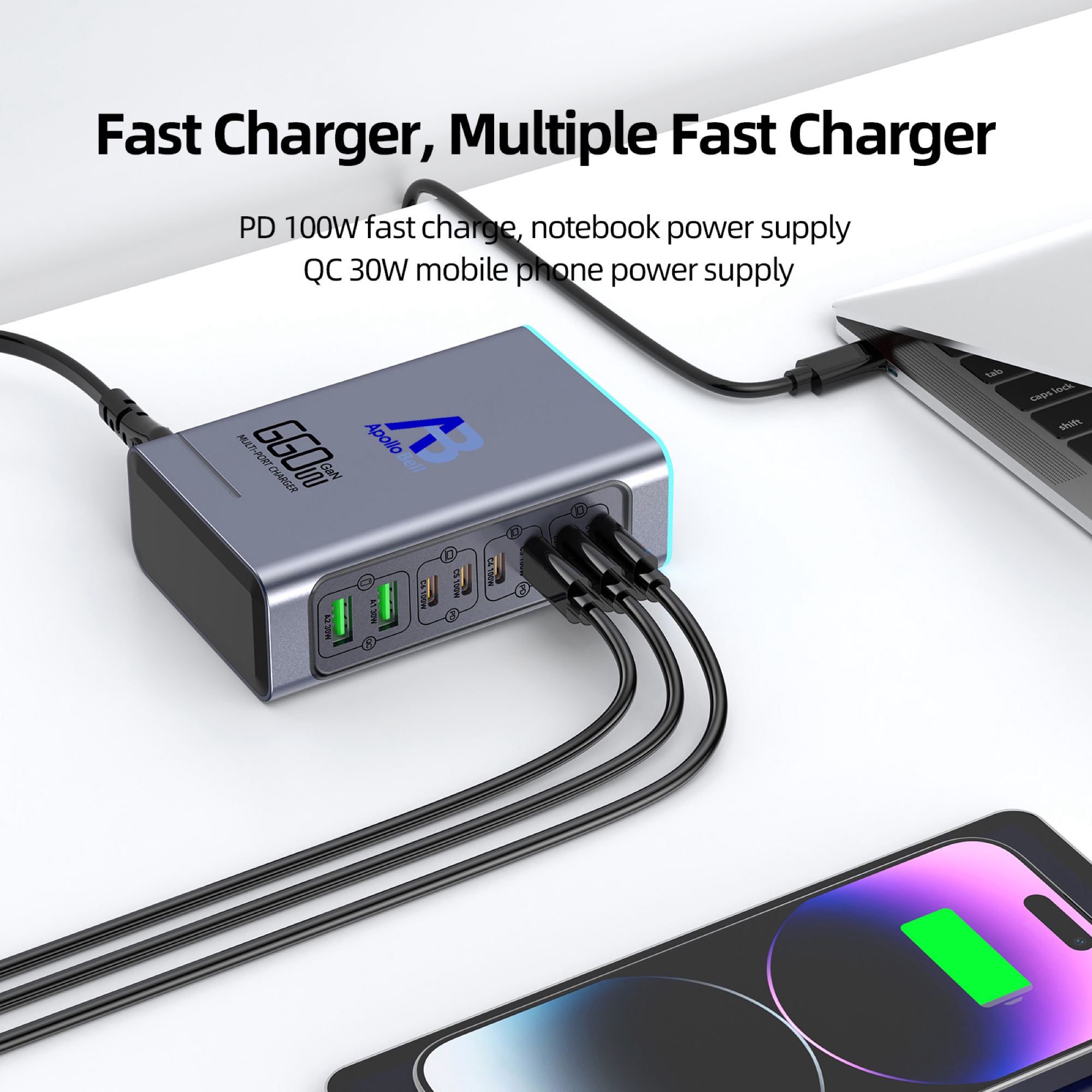 660W GaN Pro USB-C 8 Portlu Masaüstü Hızlı Şarj İstasyonu, Gri - 6