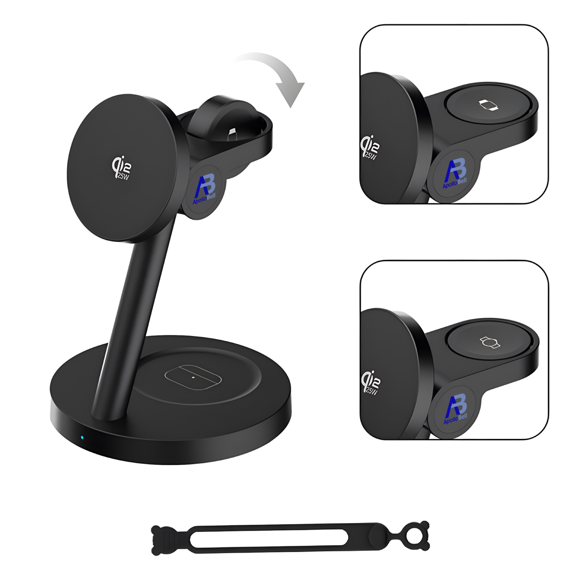 3'ü 1 Arada Qi2.2 Manyetik Kablosuz Şarj Standı 25W (Telefon, Saat, Kulaklık)