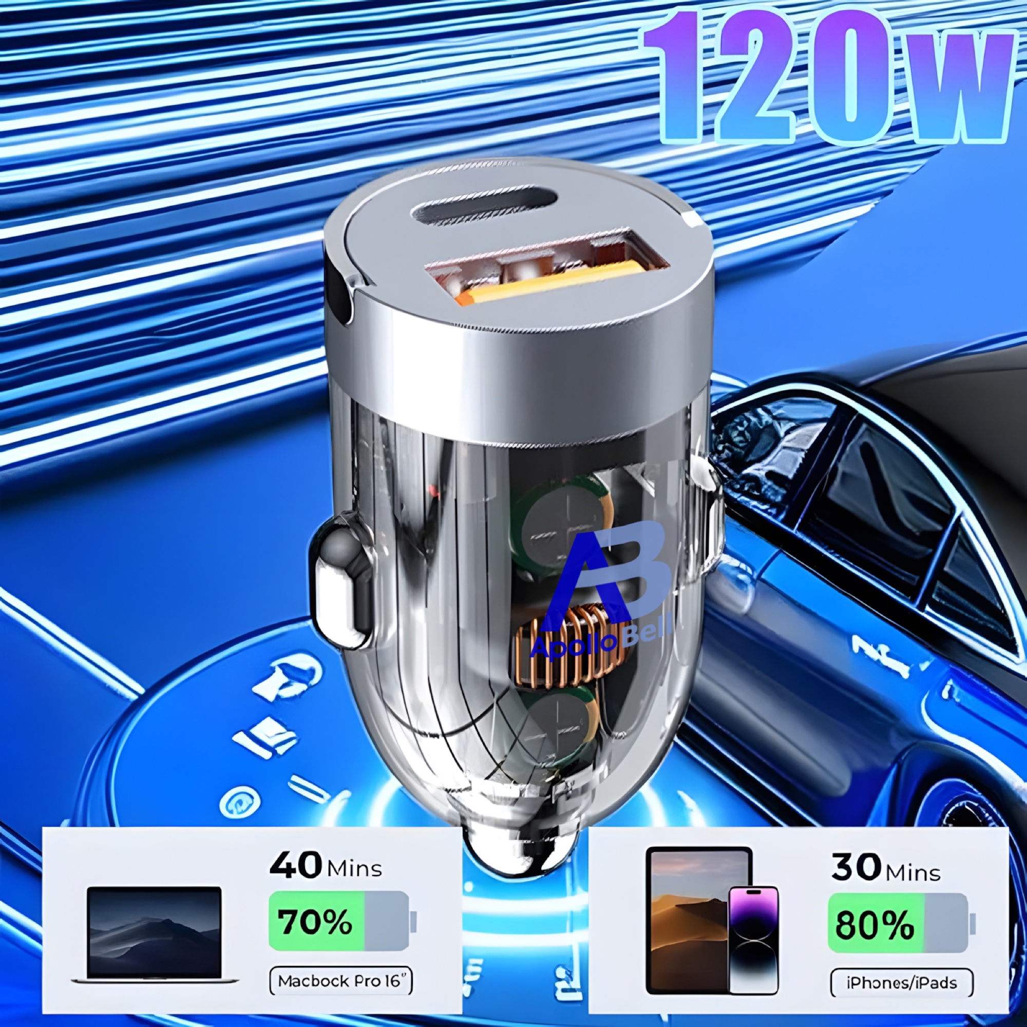 Type-C + USB 120W Şeffaf Mini Araç Şarj Cihazı, 12V-24V - 2