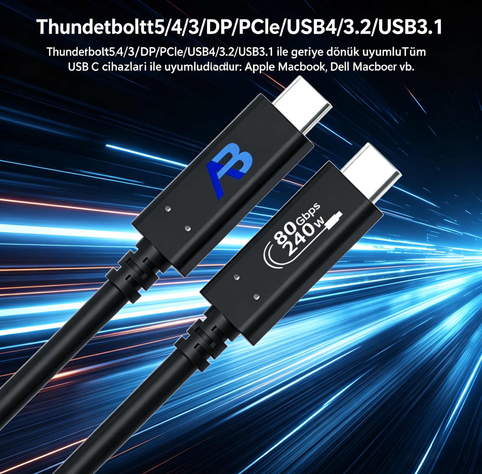 USB4 V2.0 Aktif Kablo 240W / 80Gbps USB-C, 2,0m Siyah - 3