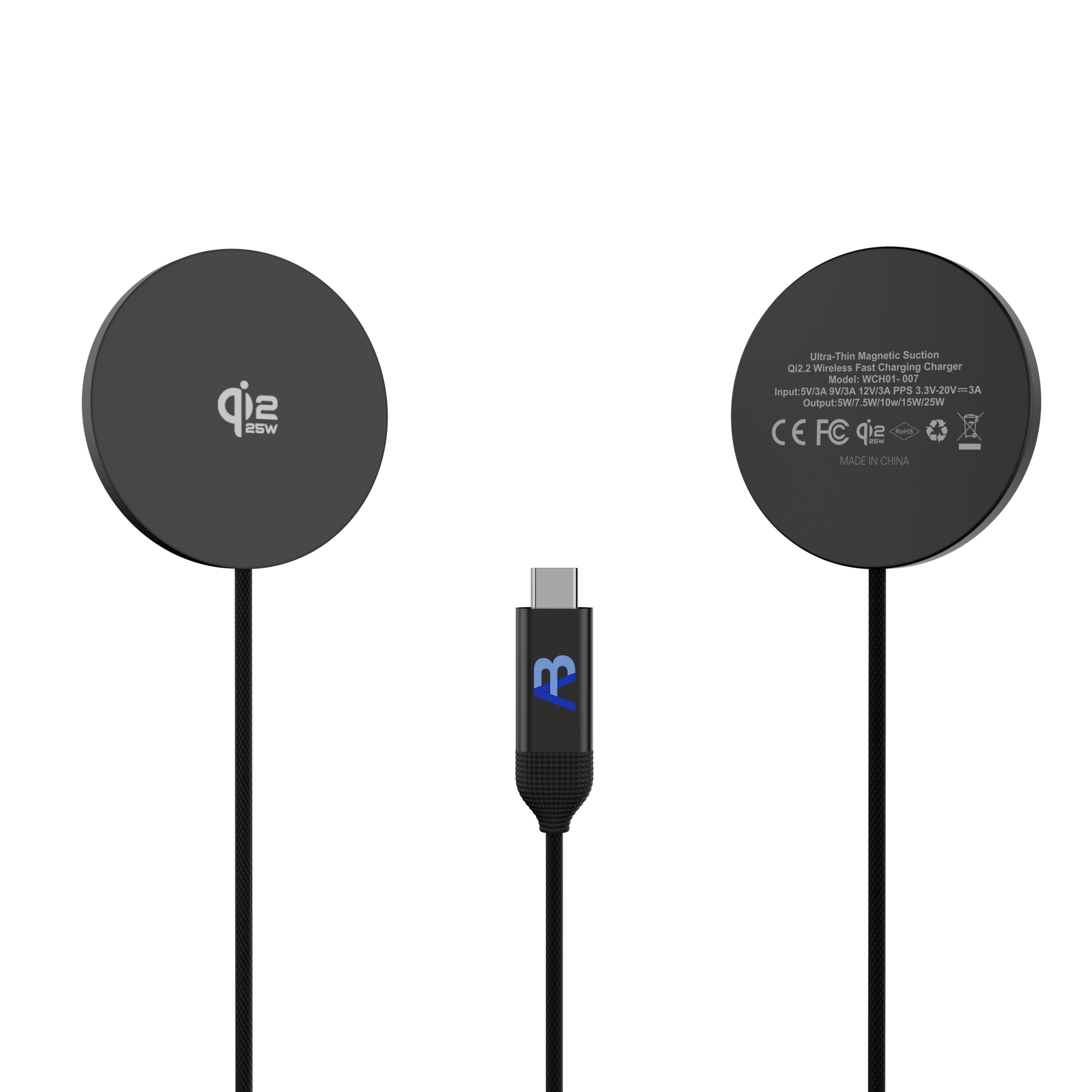 Qi2.2 25W Manyetik Kablosuz Şarj Cihazı, 120cm Entegre USB-C Kablolu, Siyah