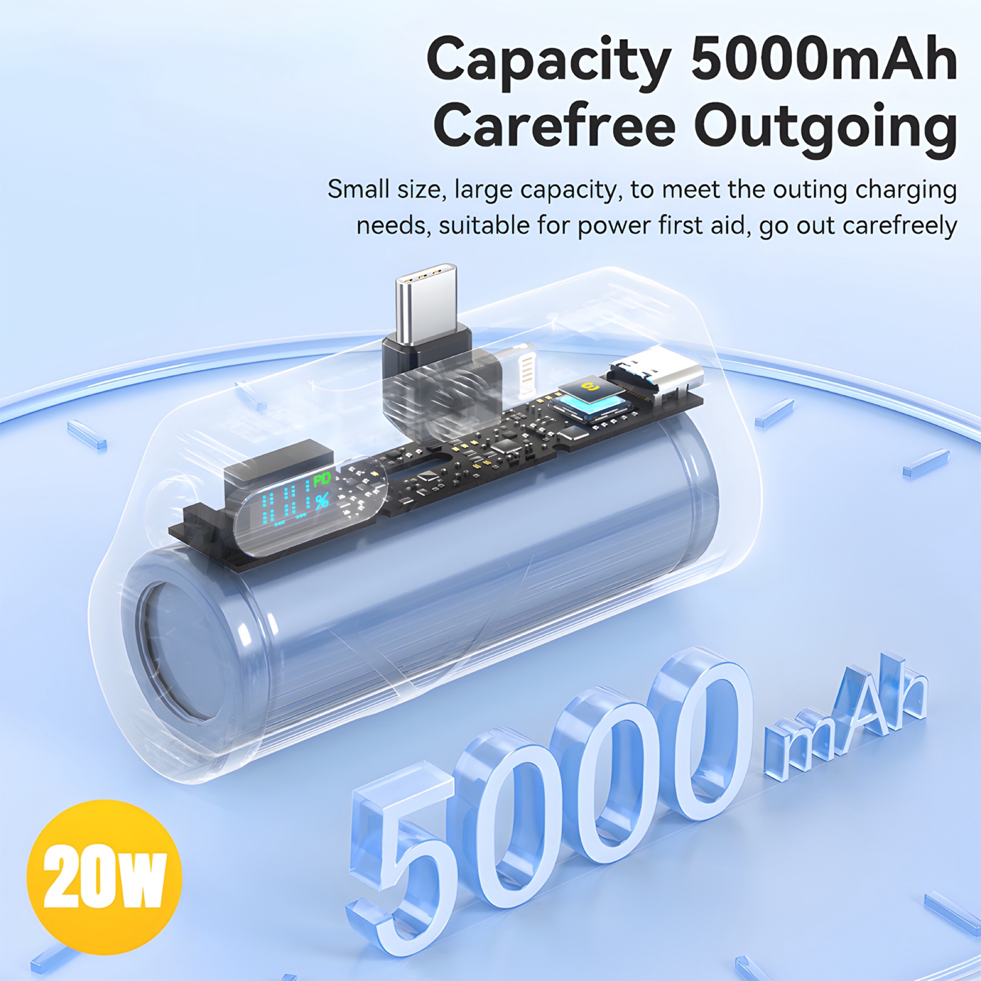 5.000mAh Mini Powerbank, USB-C & Lightning Çift Çıkışlı, Dijital Ekran, Beyaz - 3