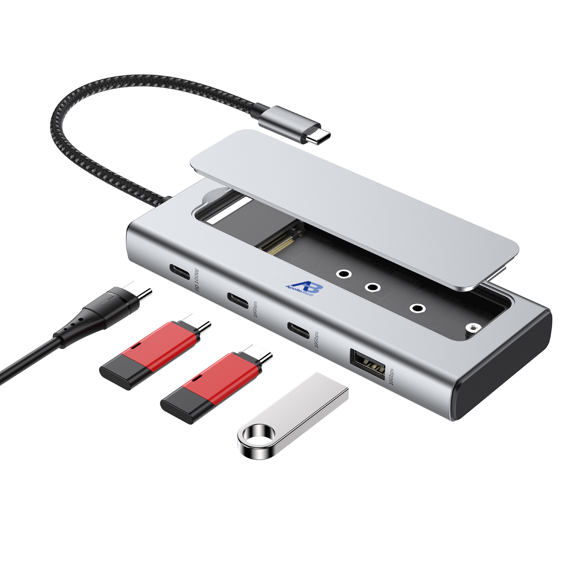 5'i 1 Arada USB-C Hub, M.2 NVMe SSD Muhafazalı, 10Gbps USB-A/C + 100W PD Şarj - 4