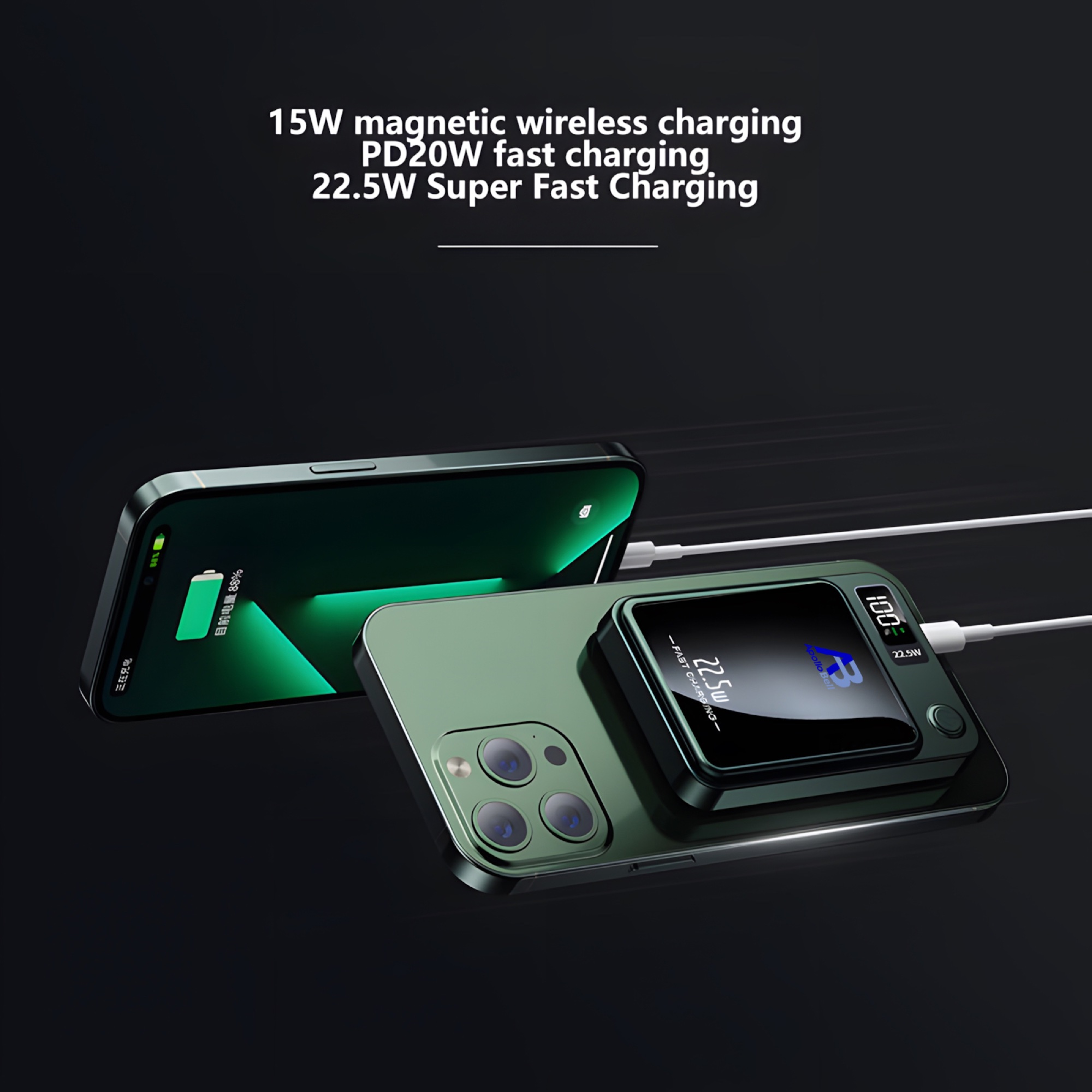 5.000mAh Manyetik Kablosuz Powerbank 22,5W, Dijital Göstergeli, Yeşil - 5