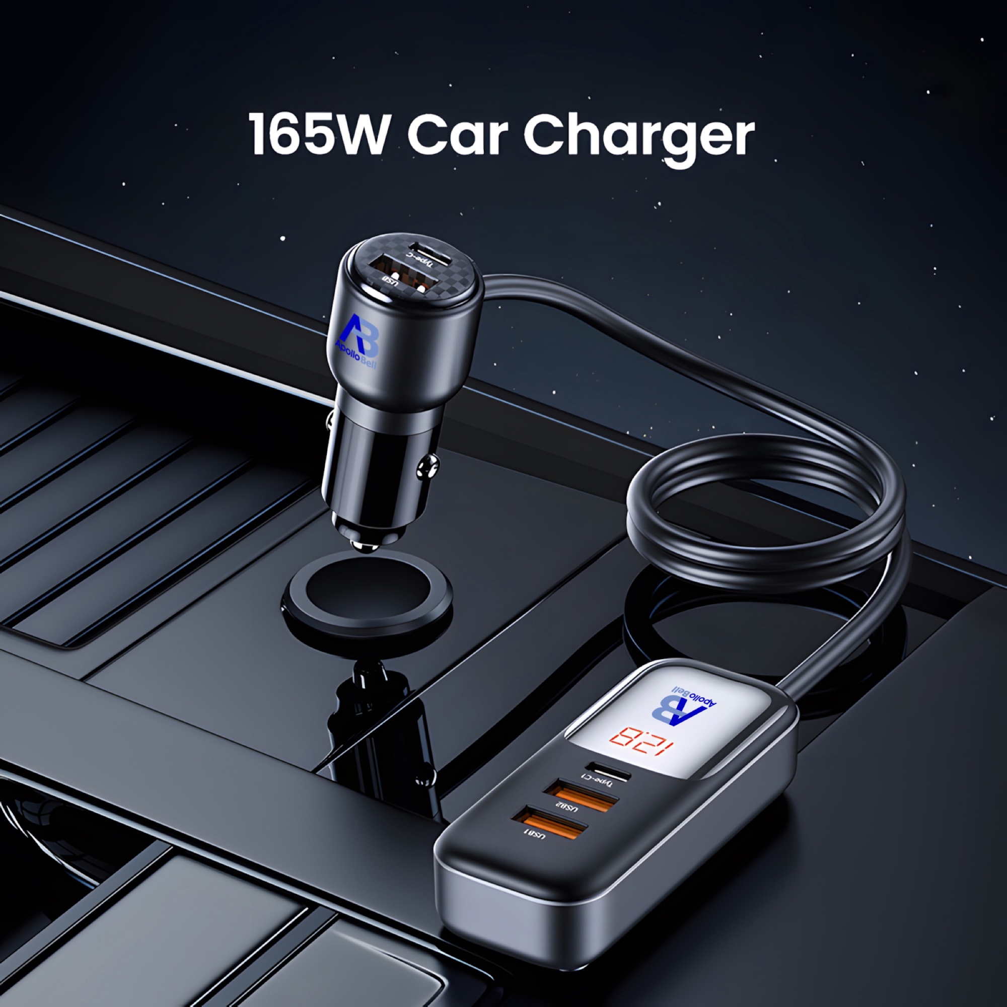 165W Dijital Ekranlı Araç Şarj Cihazı, 2 Type-C + 3 USB, 1,5m Uzatma Kablolu, Siyah - 4