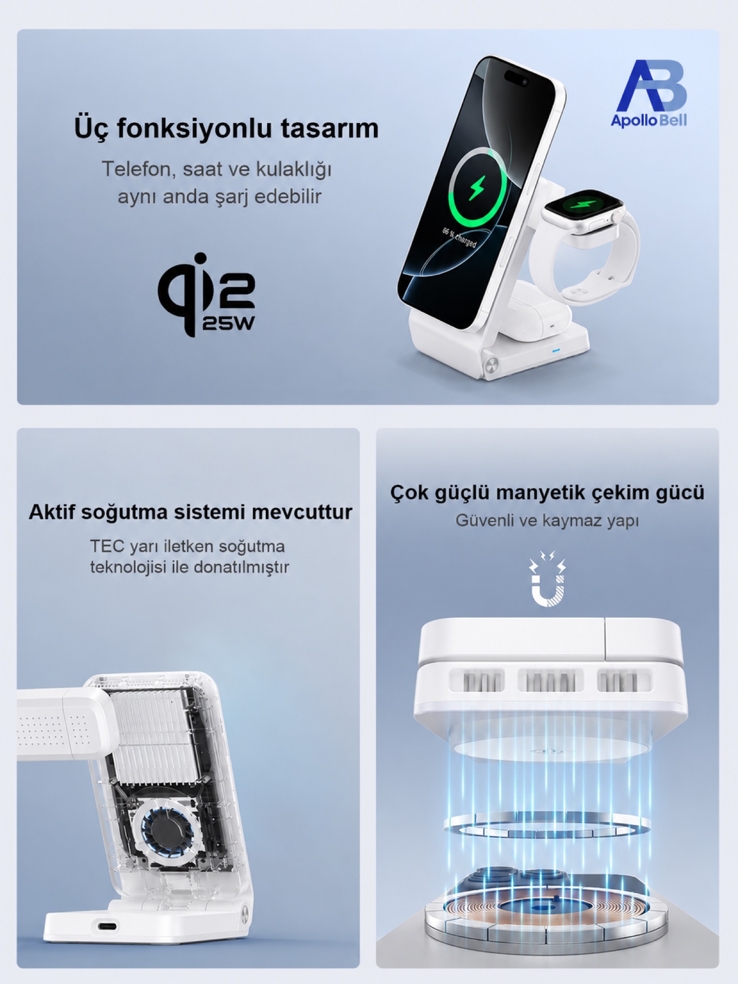 3'ü 1 Arada Katlanabilir Qi2.2 Manyetik Kablosuz Şarj Cihazı 25W, Aktif Soğutmalı, Beyaz - 3