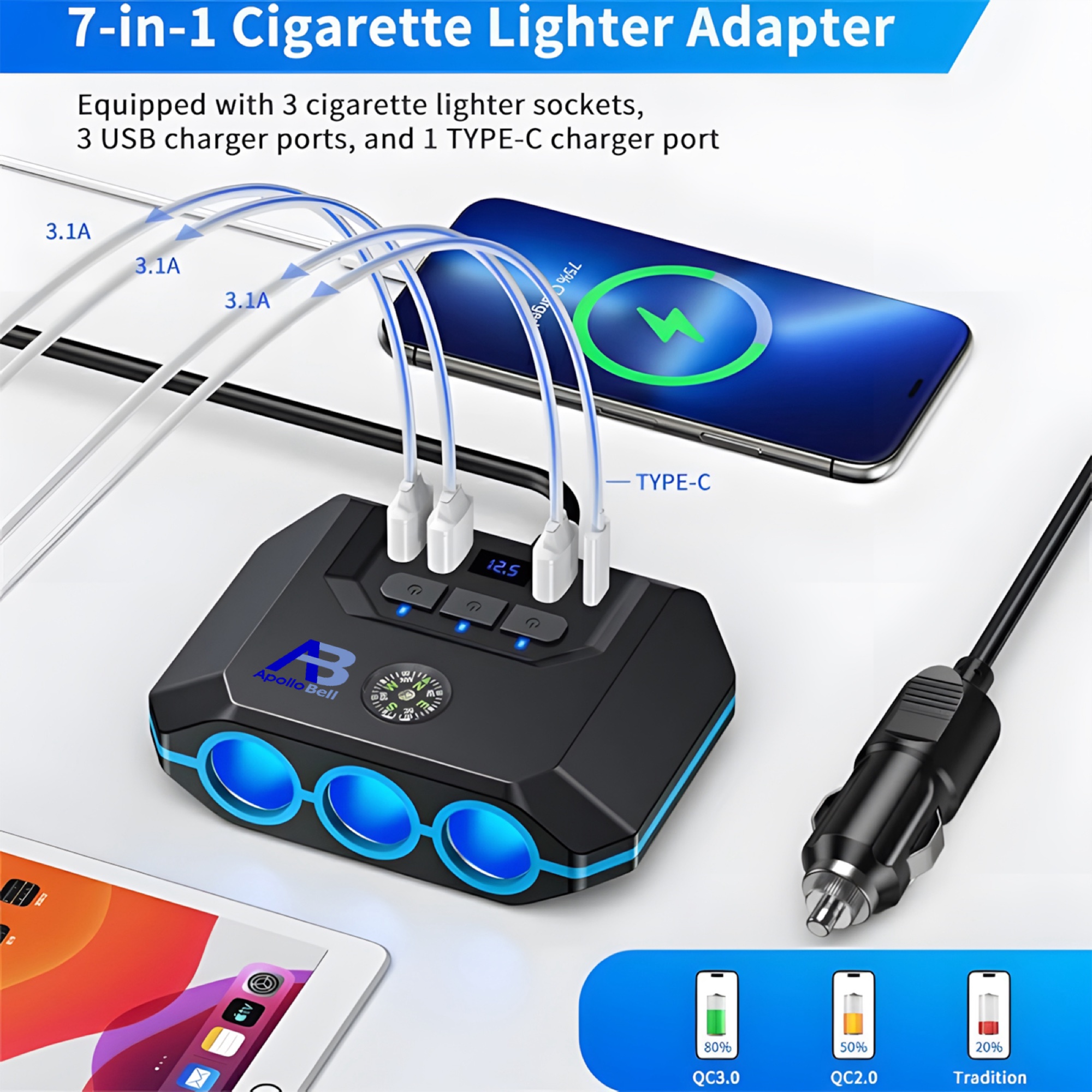 120W Araç Çakmak Çoğaltıcı 3 Çakmak Soketi + 3 USB-A + Type-C, Voltaj Göstergeli, Siyah - 5