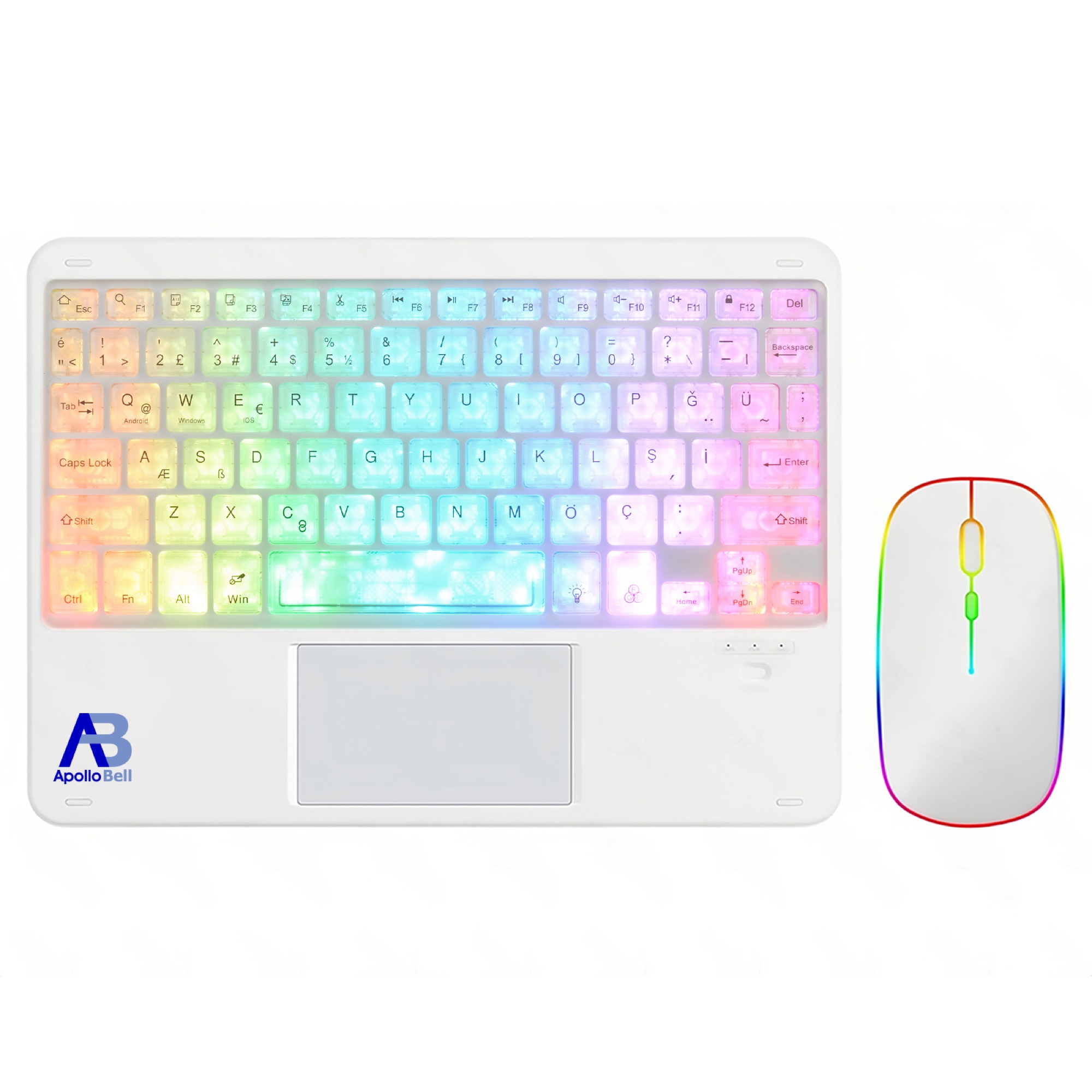 RGB Aydınlatmalı Bluetooth 5.1 Klavye ve Fare Seti, Dokunmatik Yüzeyli Şeffaf Tuşlar, Beyaz