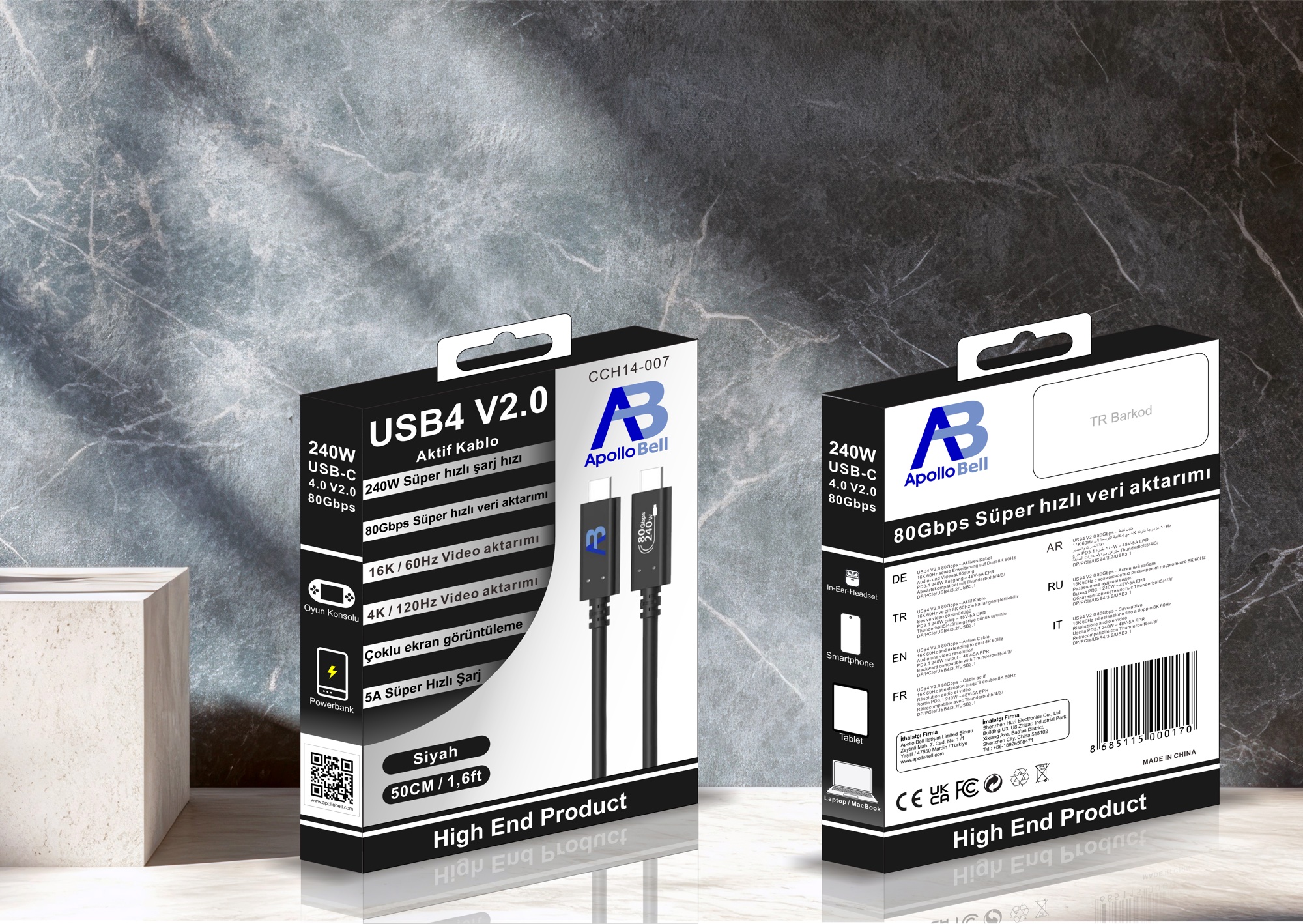 USB4 V2.0 Aktif Kablo 240W / 80Gbps USB-C, 0,5m Siyah - 6