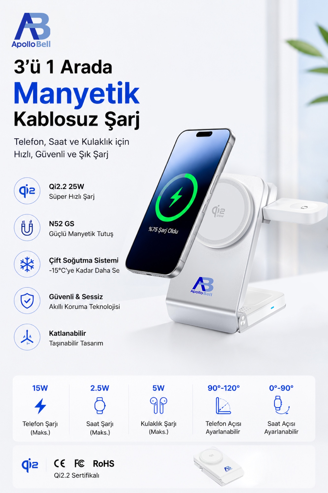 3'ü 1 Arada Katlanabilir Qi2.2 Manyetik Kablosuz Şarj Cihazı 25W, Aktif Soğutmalı, Beyaz - 7
