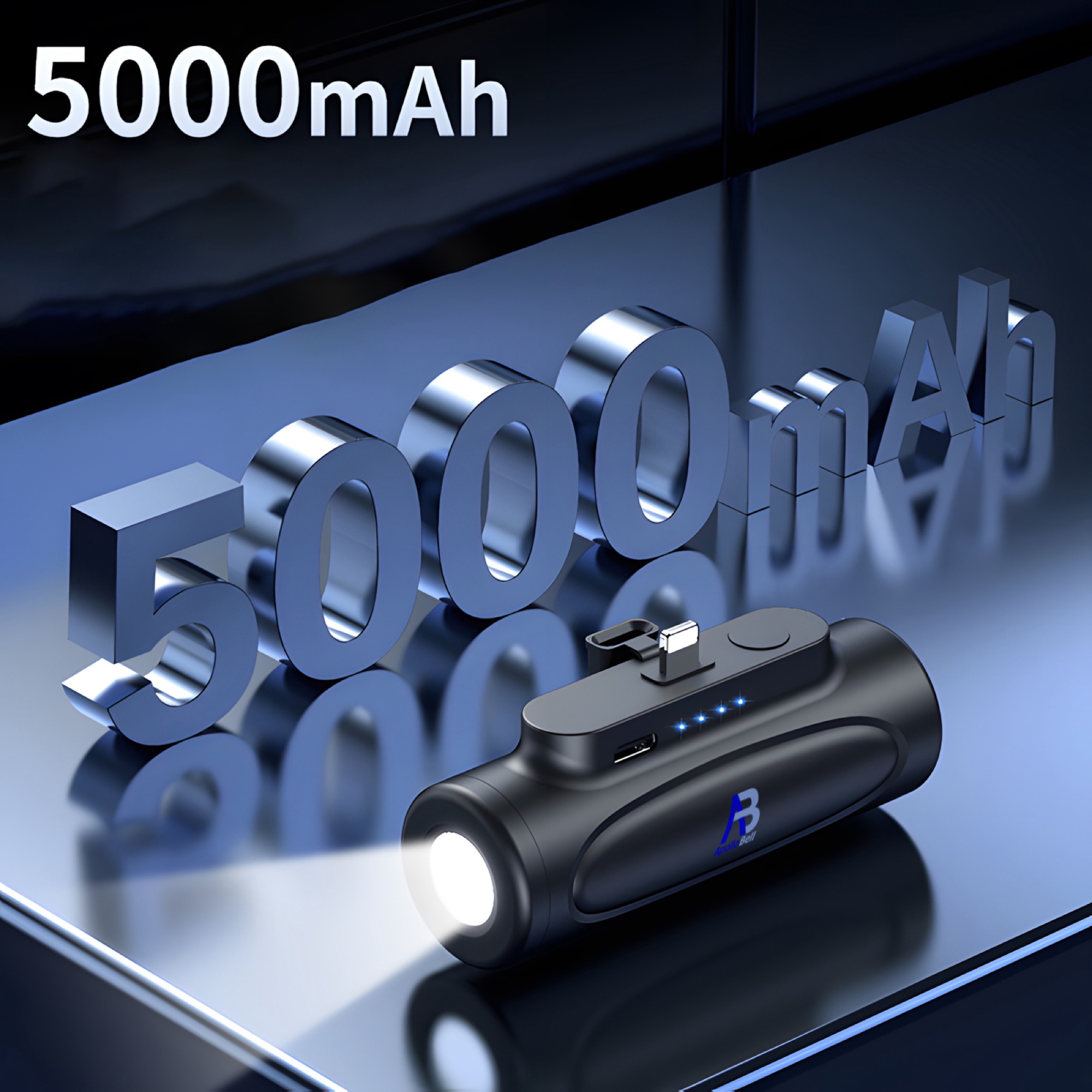 5000mAh Mini Powerbank, USB-C, LED El Fenerli, Siyah - 7