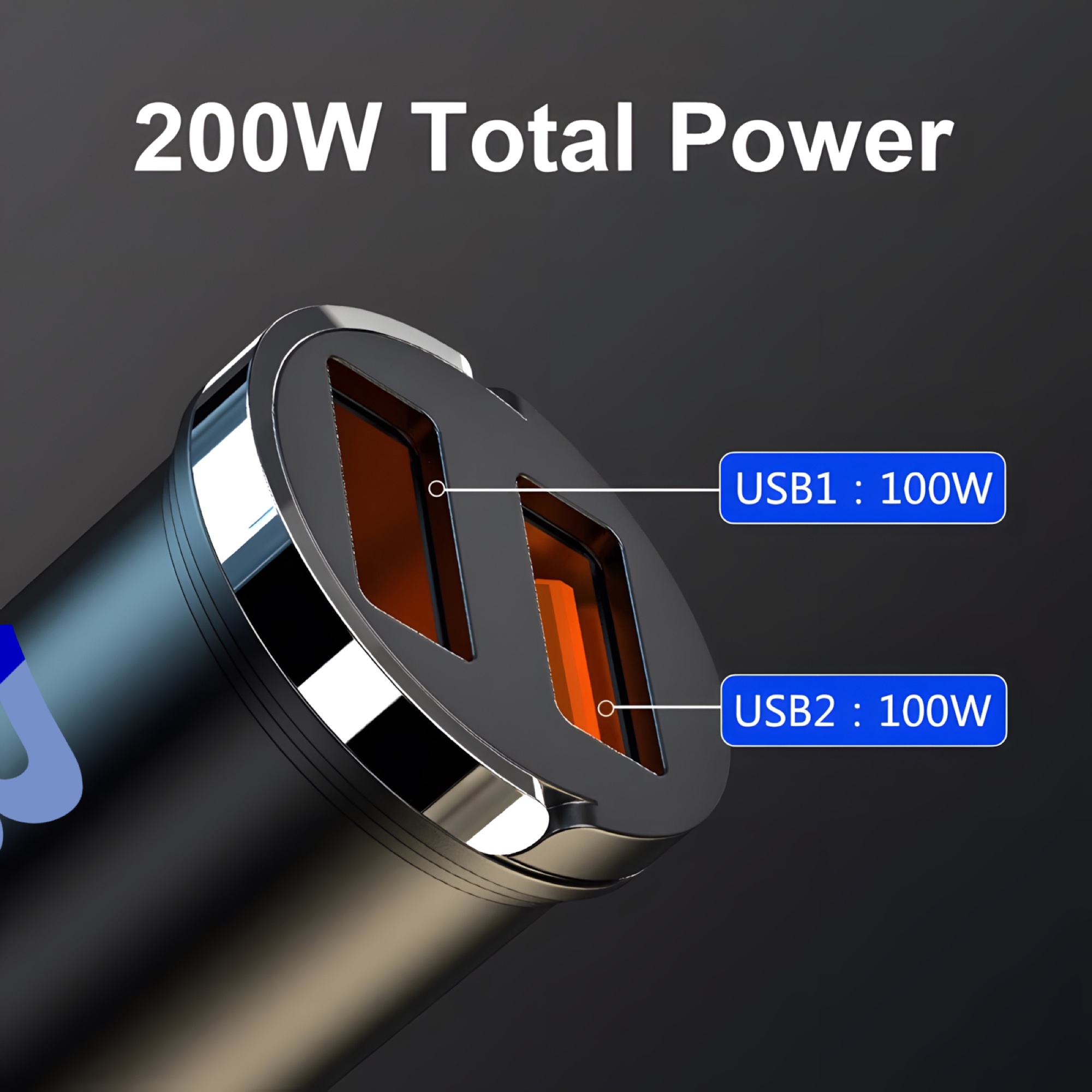 Çift USB Portlu Araç Şarj Adaptörü 200W, Mini Çekme Halkalı, 12V-24V Siyah - 2
