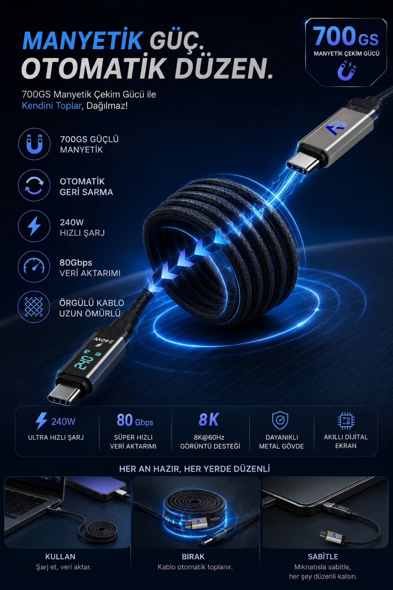 USB4 V2.0 Manyetik Kablo 240W / 80Gbps Dijital Ekranlı Örgülü USB-C, 150cm Siyah - 6