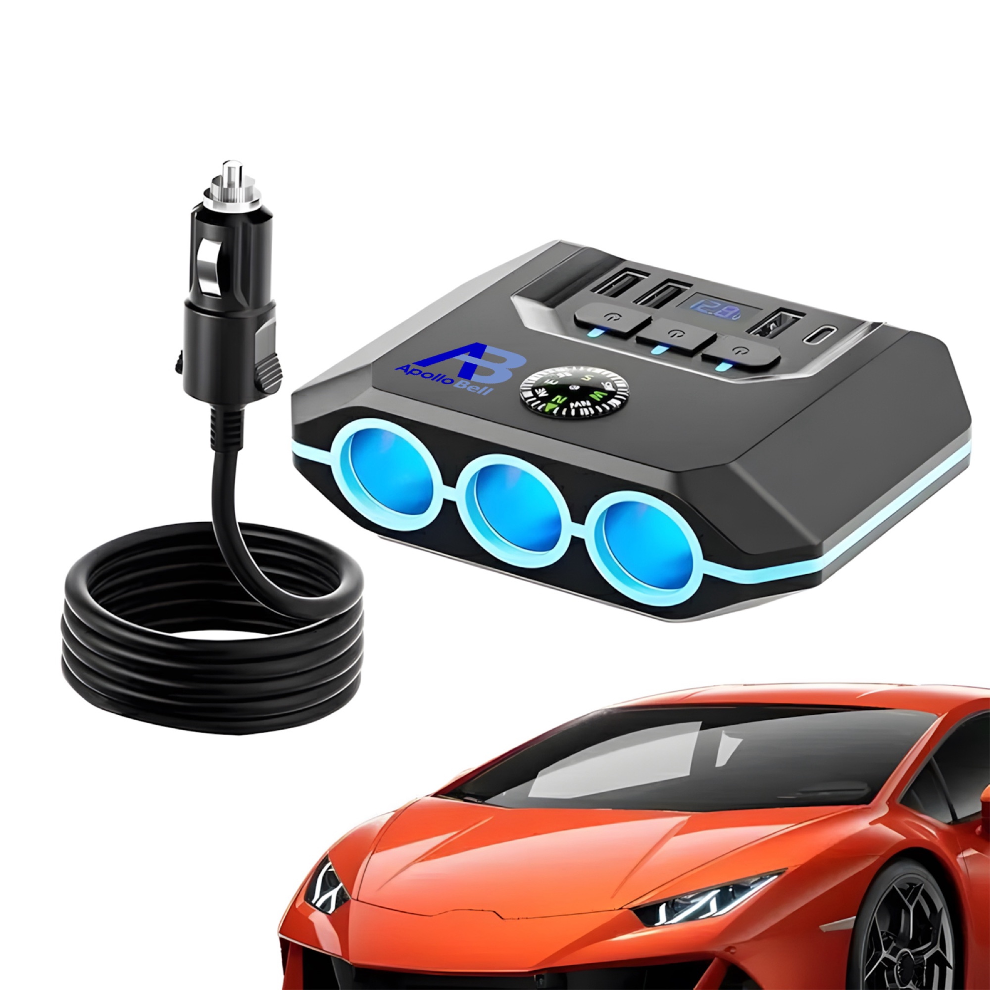 120W Araç Çakmak Çoğaltıcı 3 Çakmak Soketi + 3 USB-A + Type-C, Voltaj Göstergeli, Siyah - 2