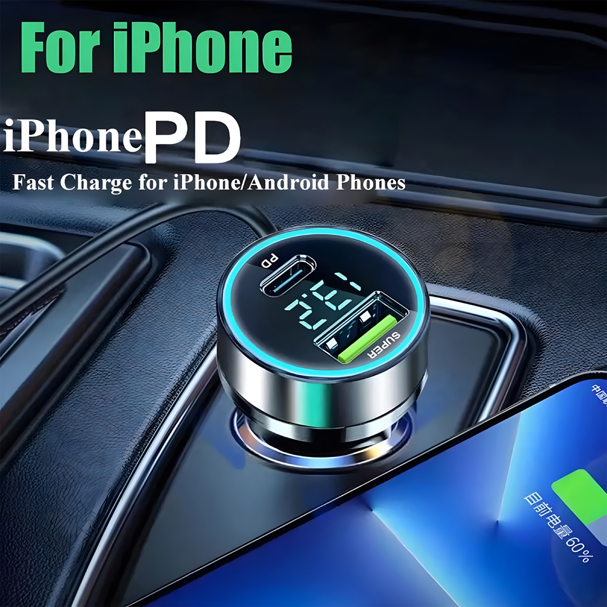 120W Dijital Ekranlı Araç Şarj Cihazı USB-A + PD Type-C, 6A Type-C Kablolu - 9