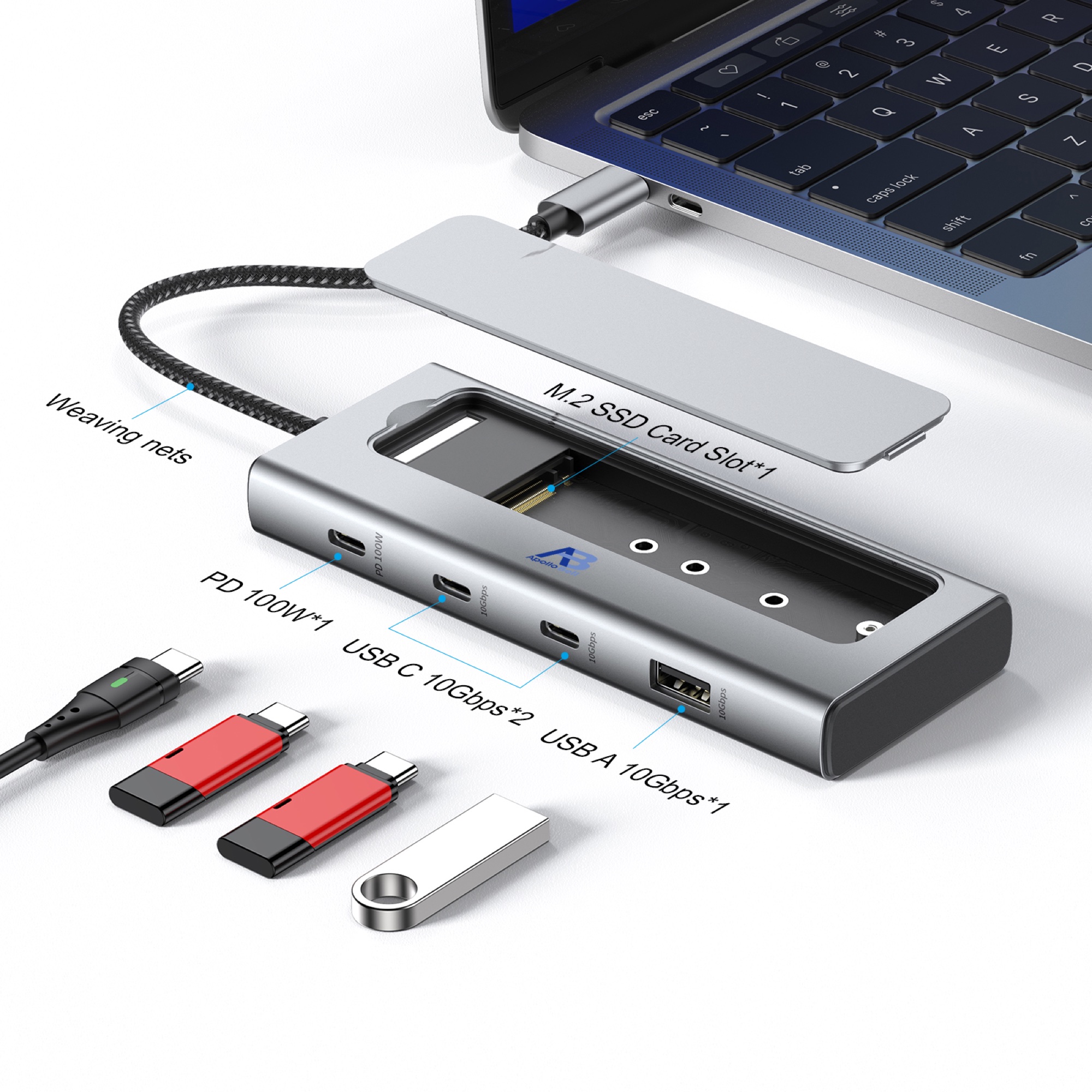 5'i 1 Arada USB-C Hub, M.2 NVMe SSD Muhafazalı, 10Gbps USB-A/C + 100W PD Şarj - 2