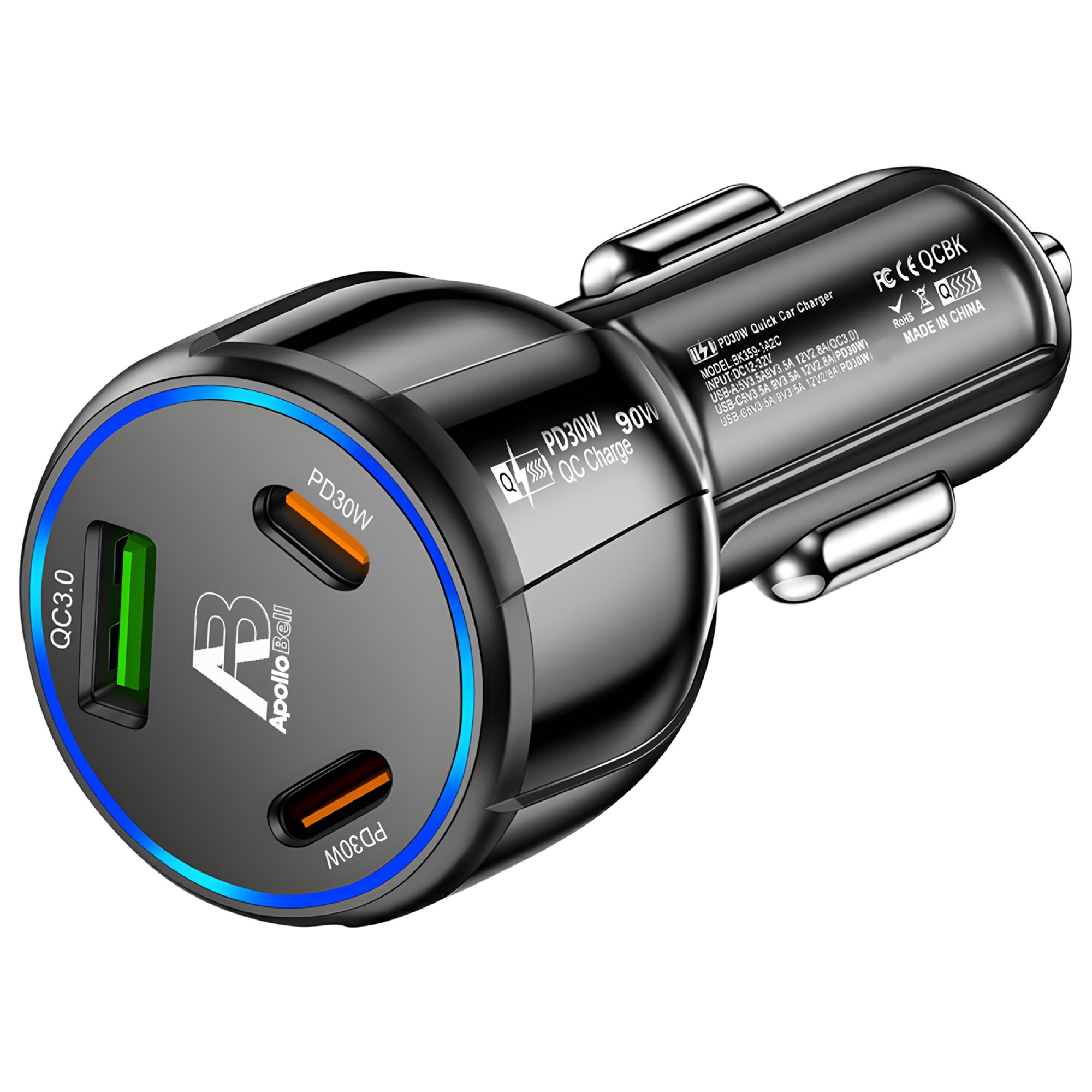 90W 3 Portlu Araç Şarj Cihazı, QC3.0 USB-A + 2x 30W USB-C PD, Siyah