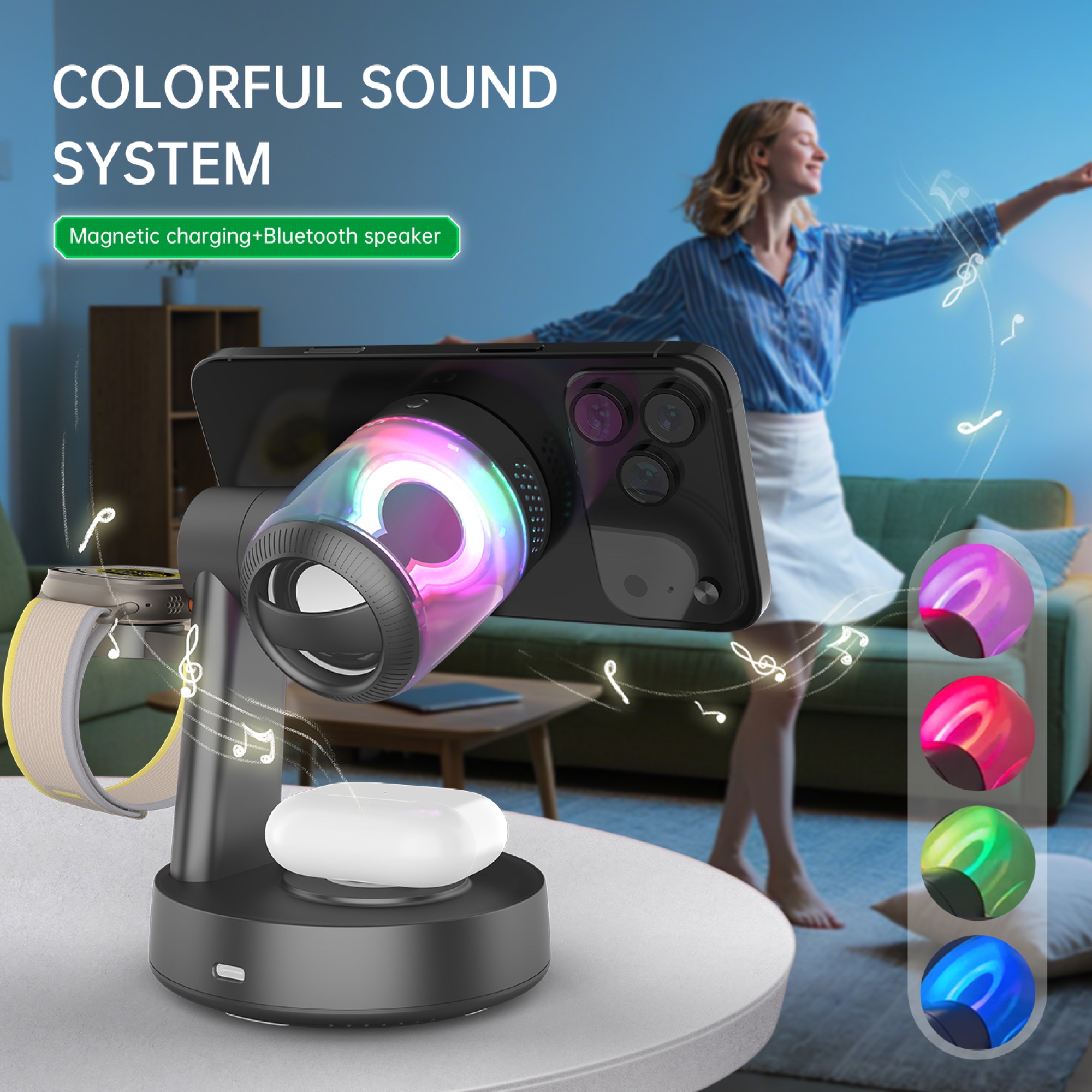 Qi2.2 25W Manyetik Kablosuz Şarj İstasyonu, Bluetooth Hoparlör ve RGB Ortam Işıklı, Siyah - 6
