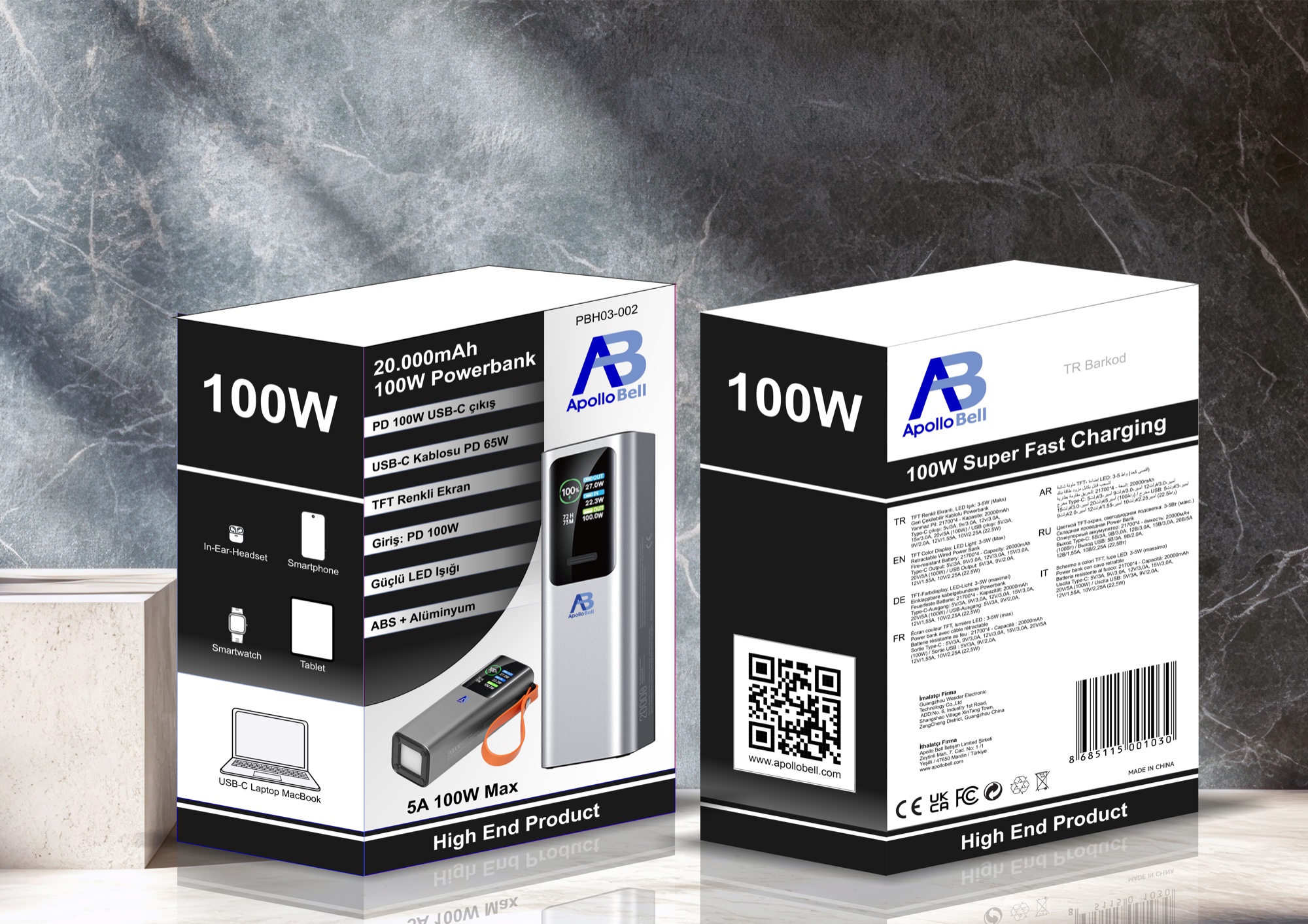 20.000mAh 100W Powerbank, Geri Çekilebilir USB-C Kablolu, LED Işıklı - 2
