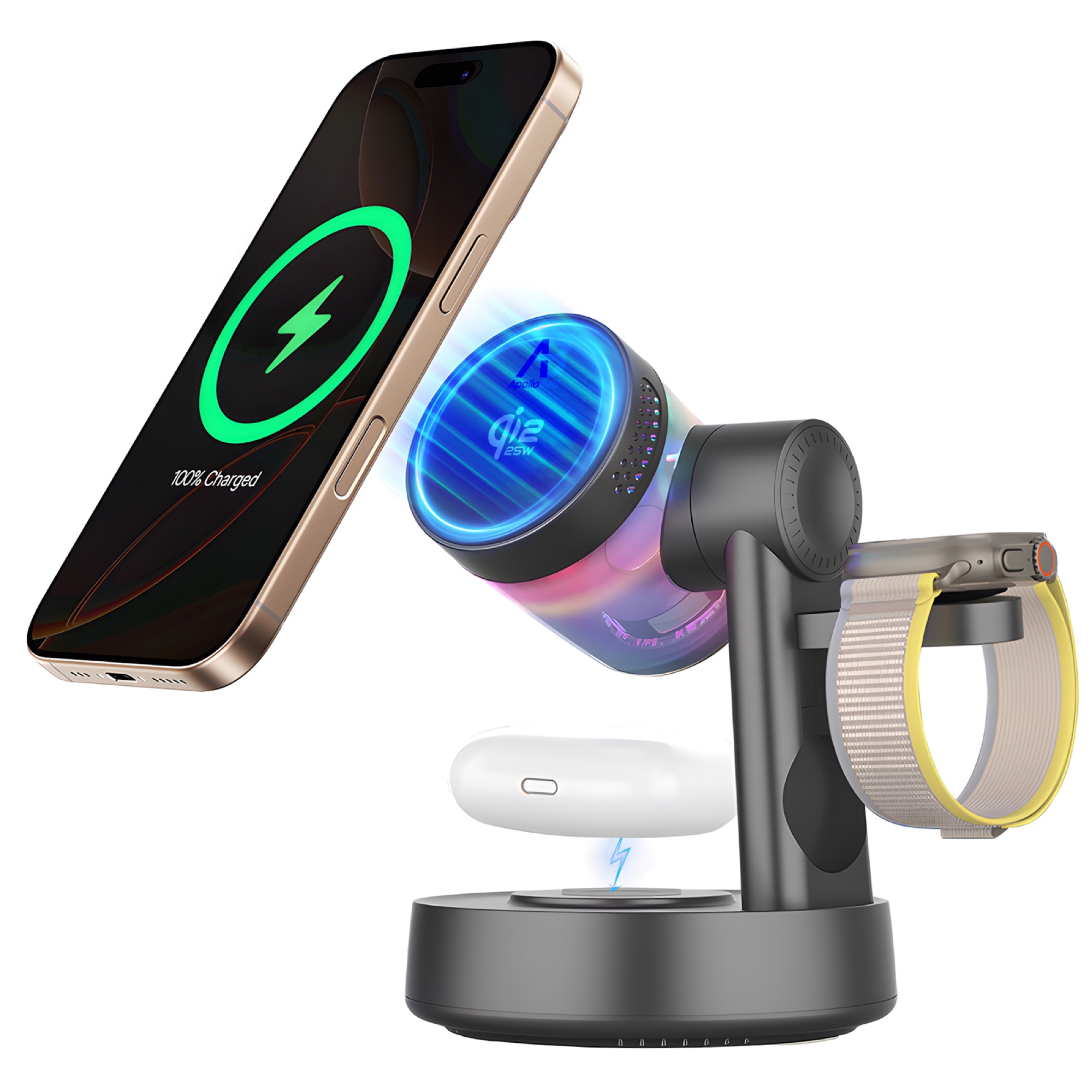 Qi2.2 25W Manyetik Kablosuz Şarj İstasyonu, Bluetooth Hoparlör ve RGB Ortam Işıklı, Siyah
