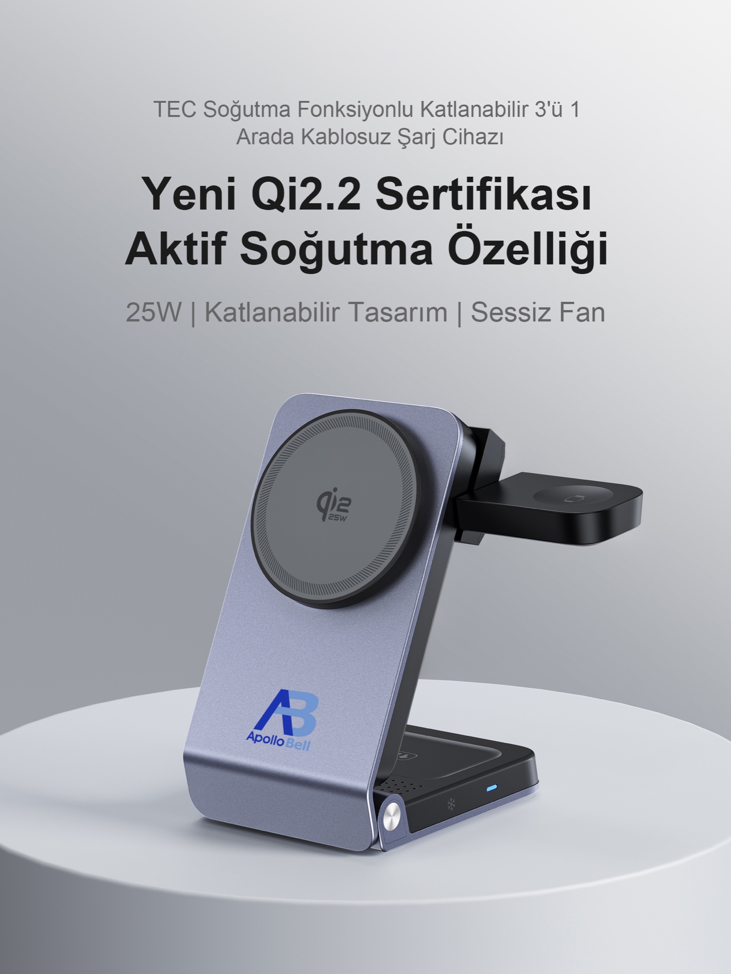 3'ü 1 Arada Katlanabilir Qi2.2 Manyetik Kablosuz Şarj Cihazı 25W, Aktif Soğutmalı, Gri - 3