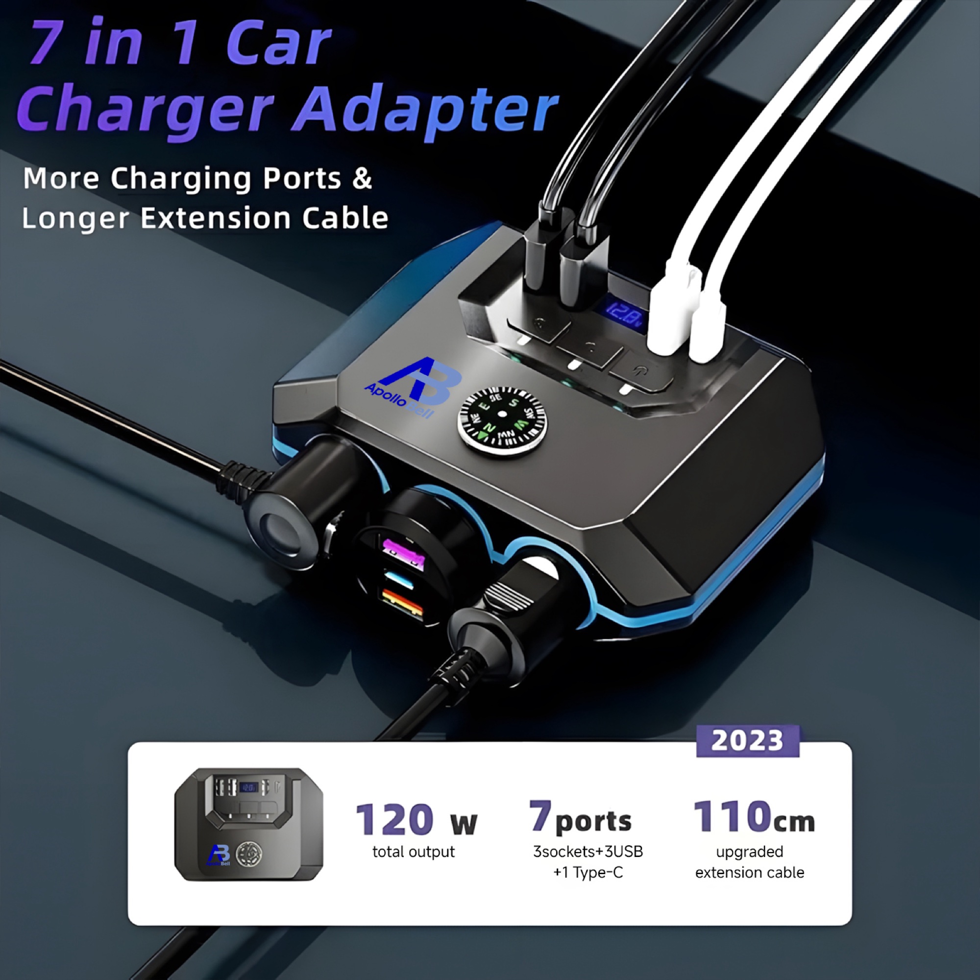 120W Araç Çakmak Çoğaltıcı 3 Çakmak Soketi + 3 USB-A + Type-C, Voltaj Göstergeli, Siyah - 11