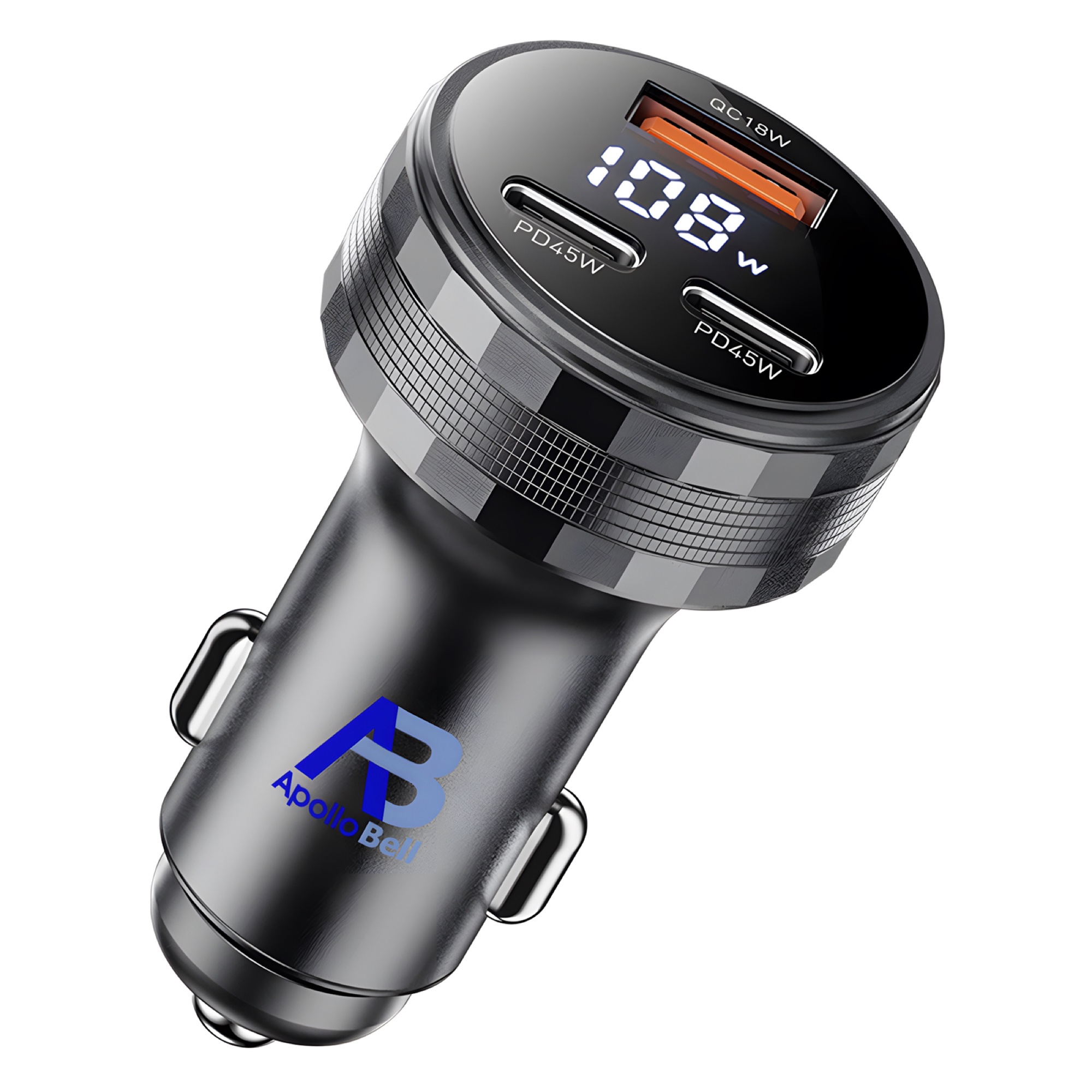 108W Araç Şarj Cihazı 2x 45W USB-C PD + USB-A, Alüminyum Gövde, LED Ekran, Gri